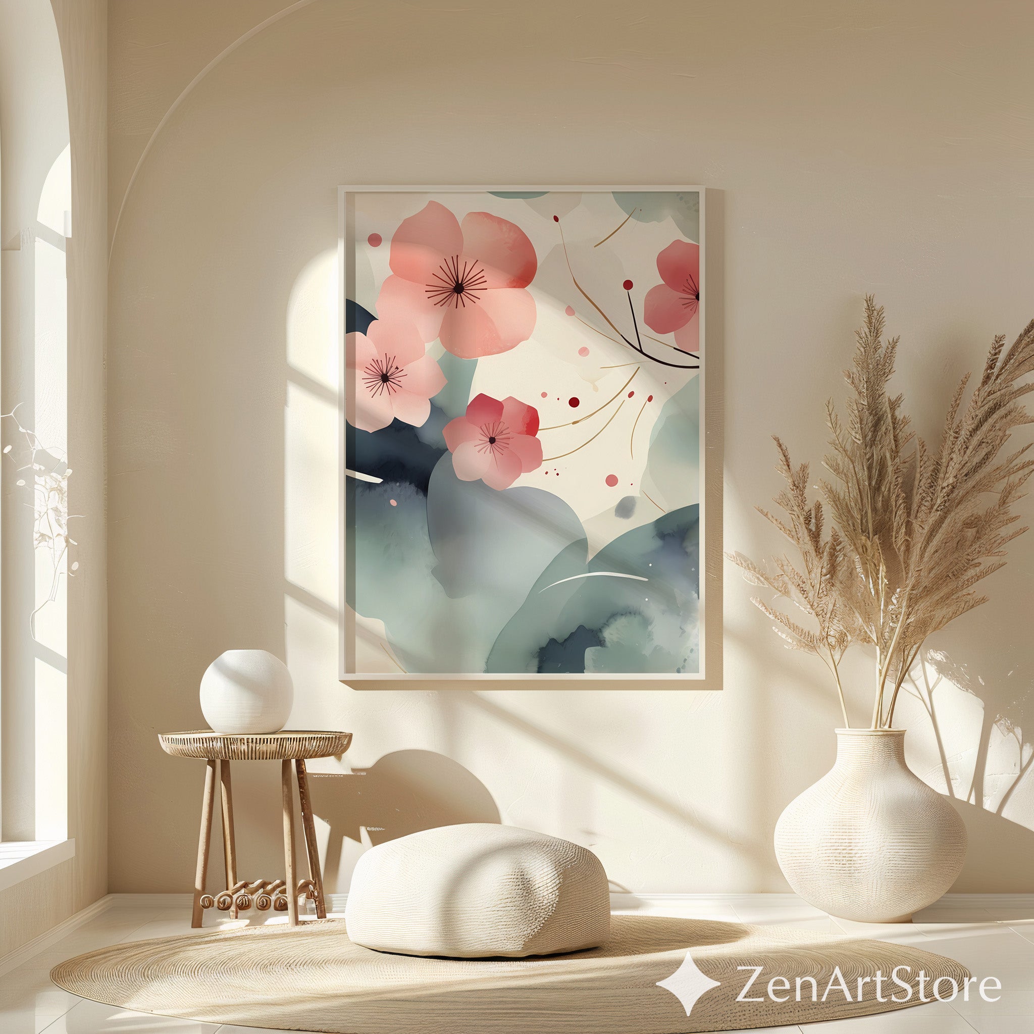 Zen Sakura Abstract Printable Wall Art - Minimal Japanese Cherry Blossom Calm Poster