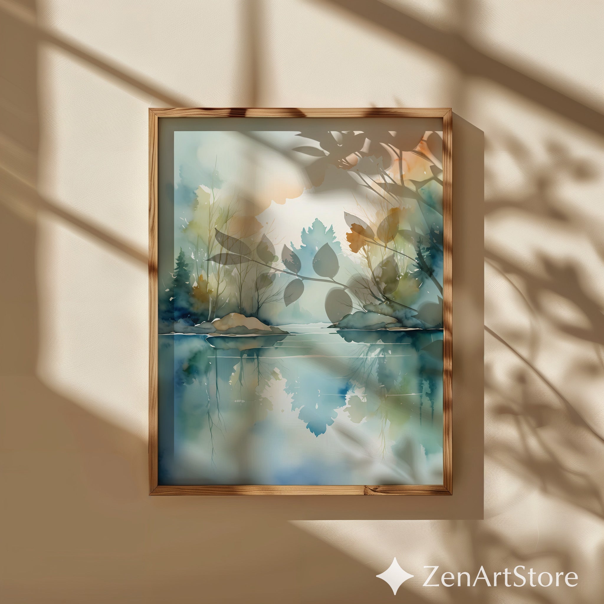 Serene Watercolor Lake Reflection Print - Minimal Zen Landscape Wall Art for Living Room, Japandi Neutral Home Decor