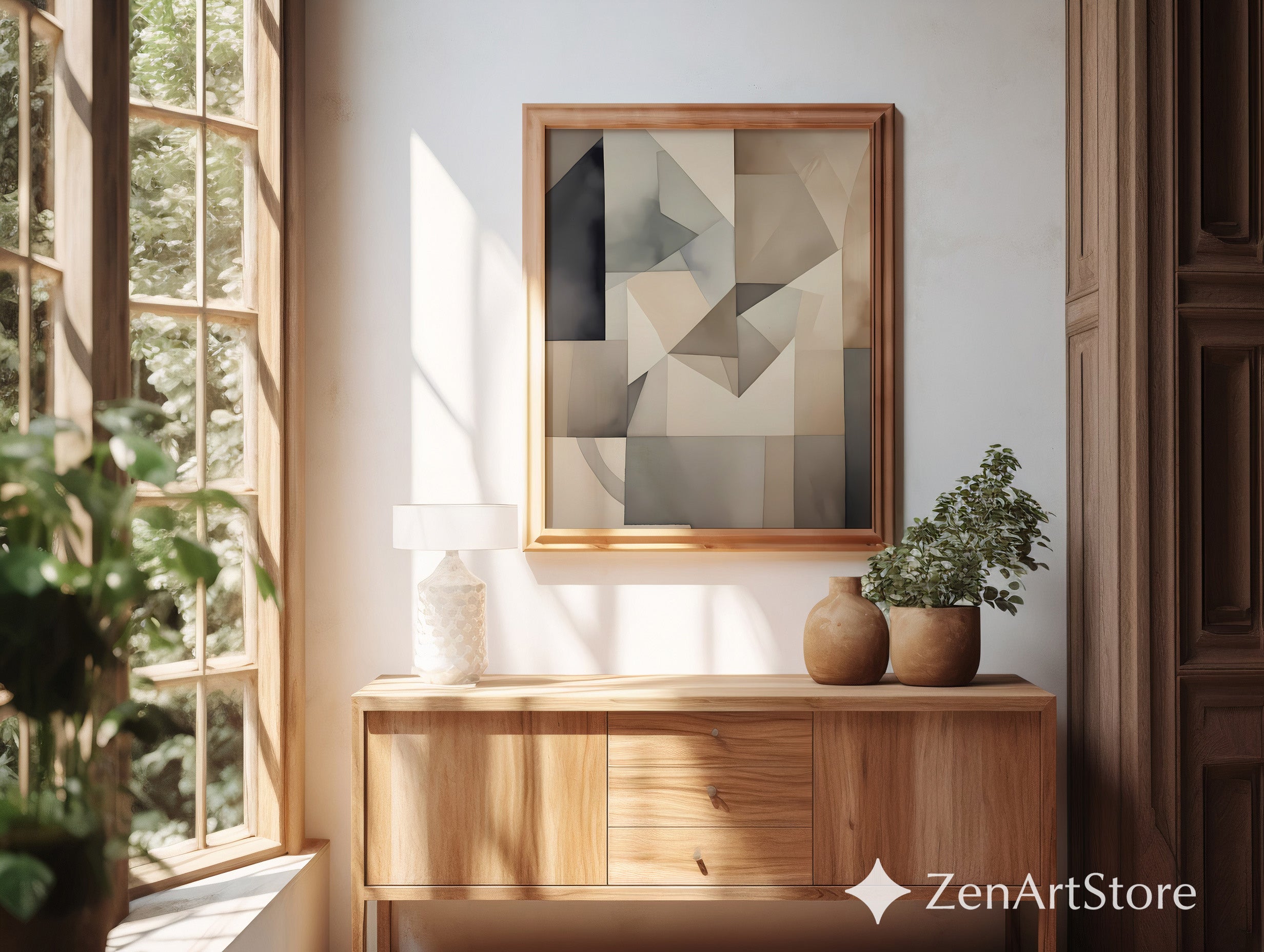 Neutral Geometric Abstract Wall Art - Beige Gray Minimalist Print for Living Room, Japandi Wabi Sabi Home Decor