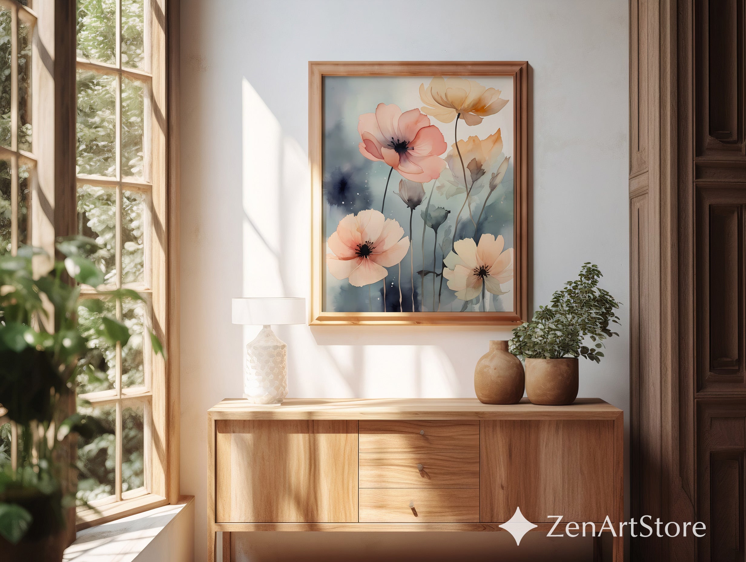 Soft Blush Poppy Watercolor Print - Neutral Floral Wall Art, Minimalist Botanical Canvas for Living Room Bedroom Nursery