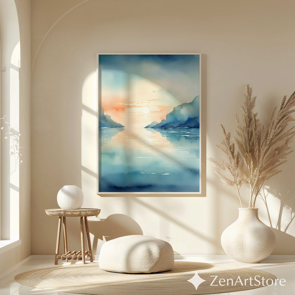Calm Coastal Sunset Watercolor Print - Minimal Seascape Wall Art, Zen Japandi Blue Peach Ocean Landscape