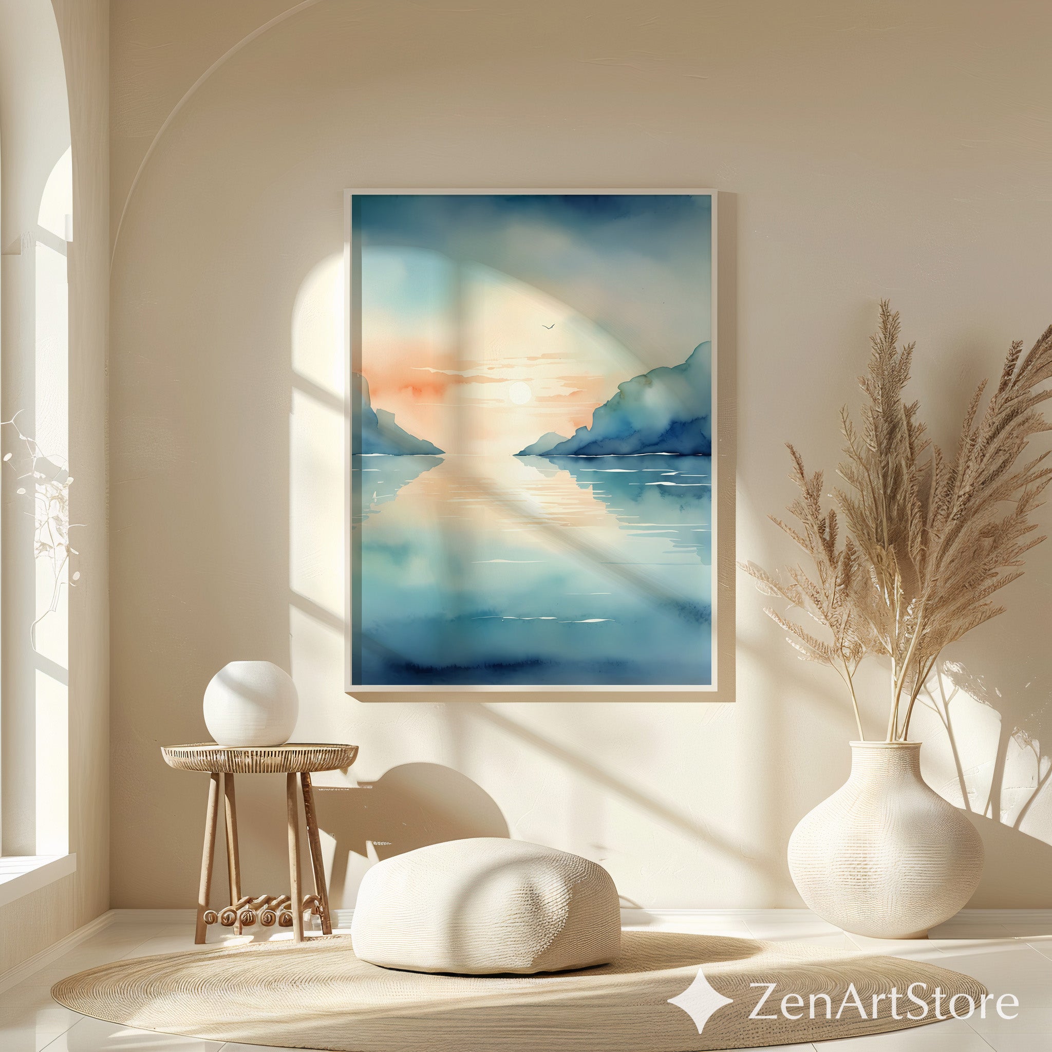 Calm Coastal Sunset Watercolor Print - Minimal Seascape Wall Art, Zen Japandi Blue Peach Ocean Landscape