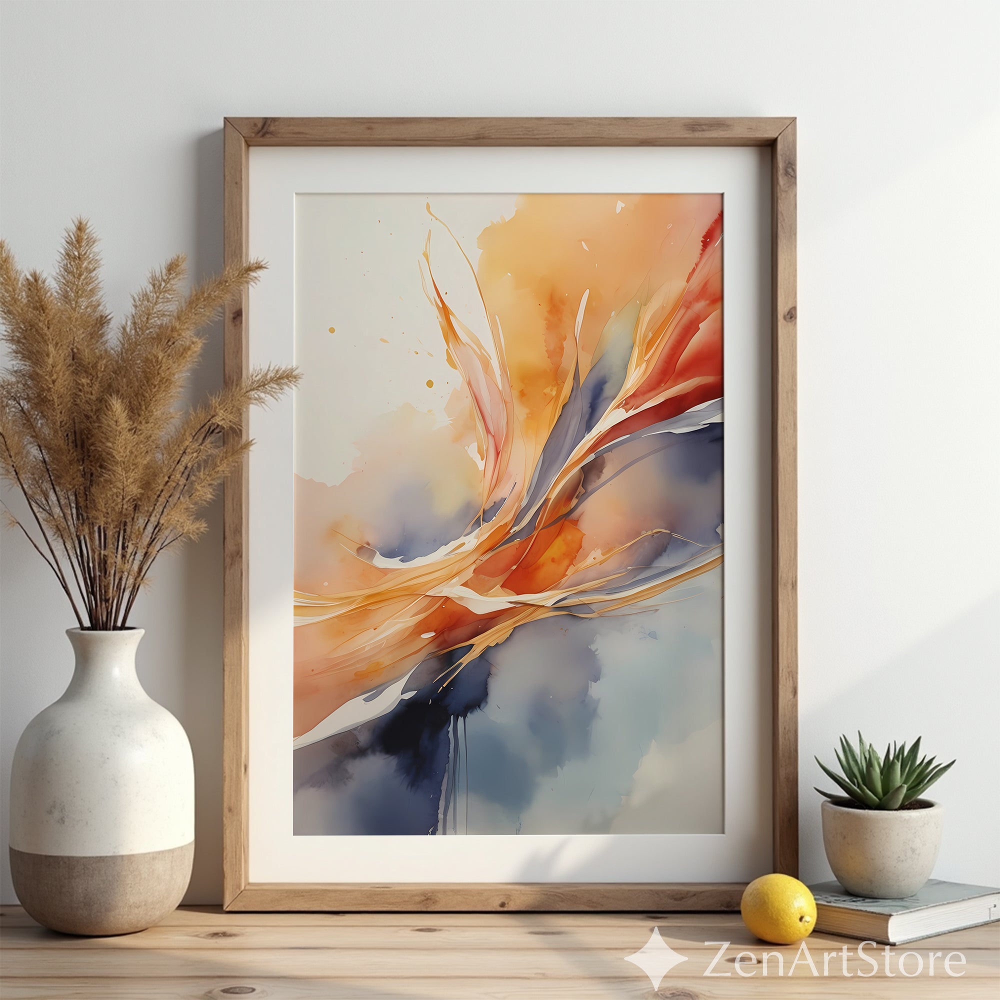 Warm Abstract Watercolor Wall Art - Orange Navy Minimalist Print for Living Room, Japandi Neutral Modern Home Decor