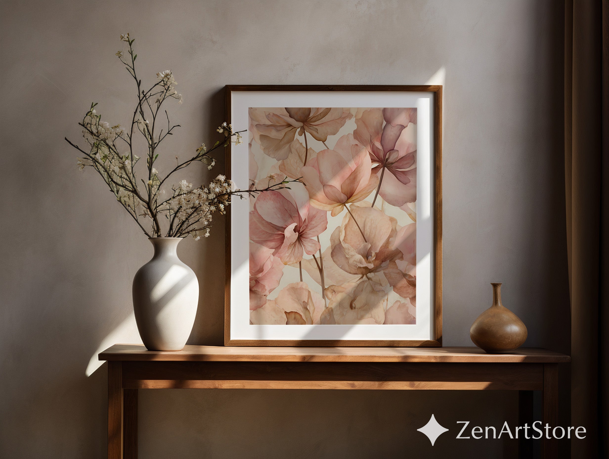 Blush Floral Wall Art Print - Soft Pink Beige Botanical Canvas for Neutral Japandi, Minimal Home Decor