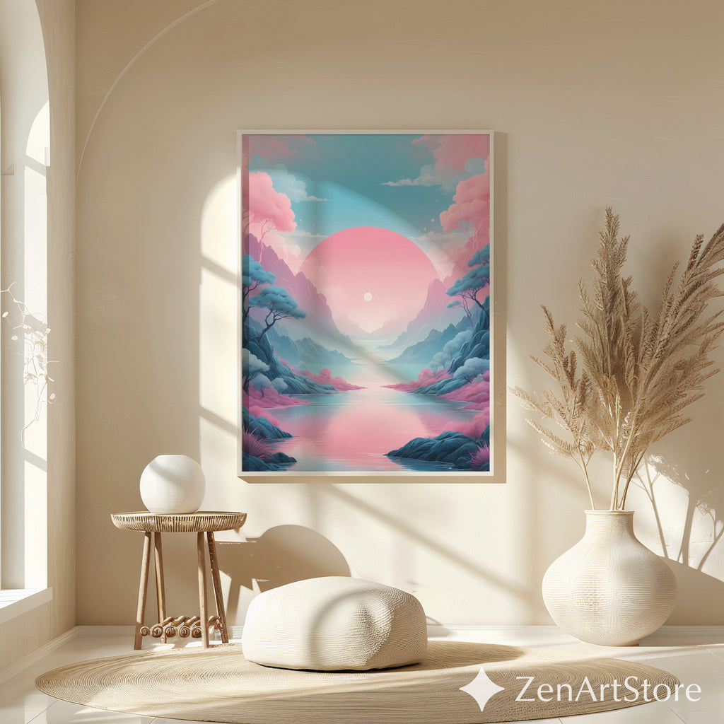 Pastel Sunrise Landscape Wall Art - Pink & Blue Minimal Zen Print for Living Room, Bedroom Japandi Home Decor