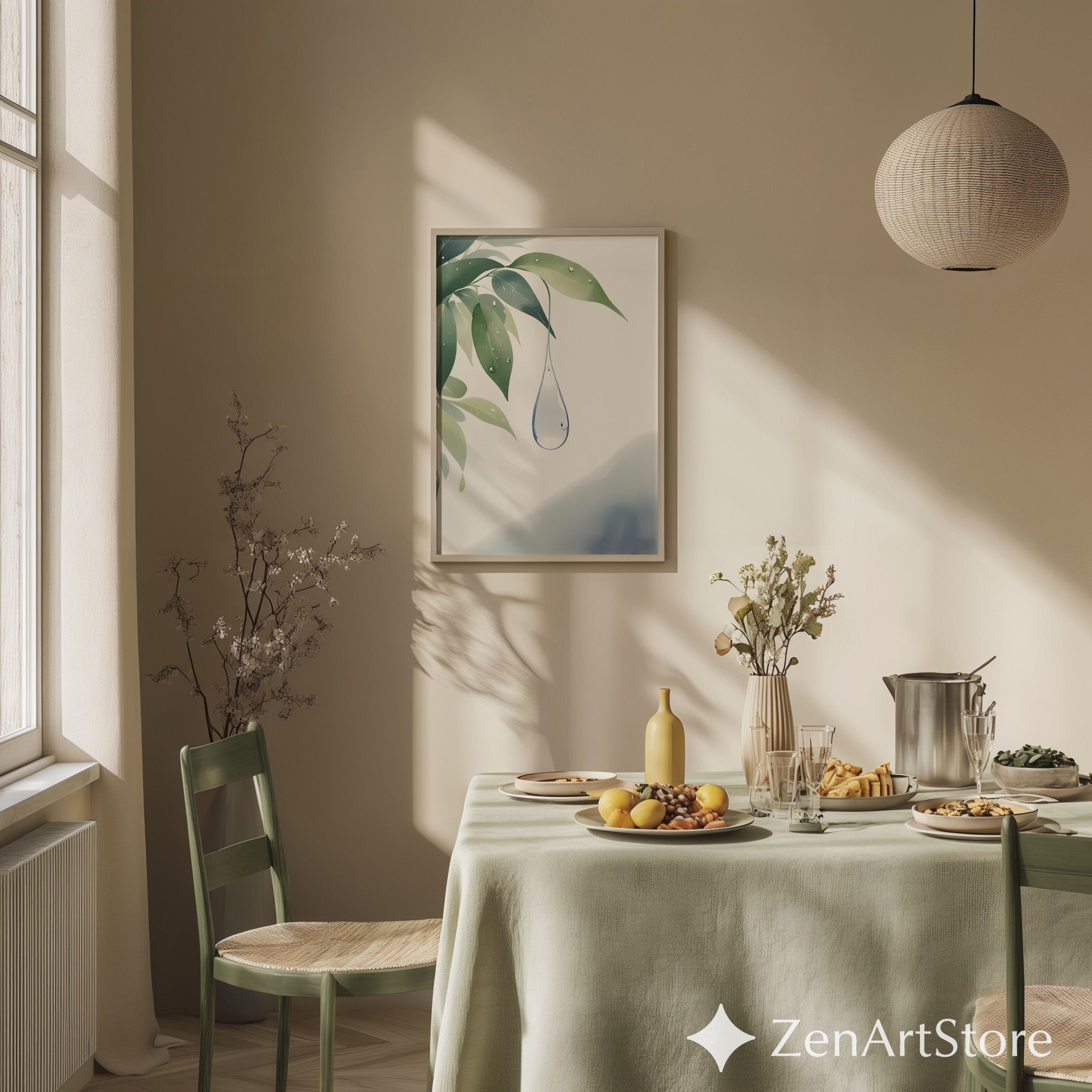 Minimal Botanical Water Droplet Print - Zen Japandi Wall Art, Green Leaf Watercolor, Calm Neutral Home Decor