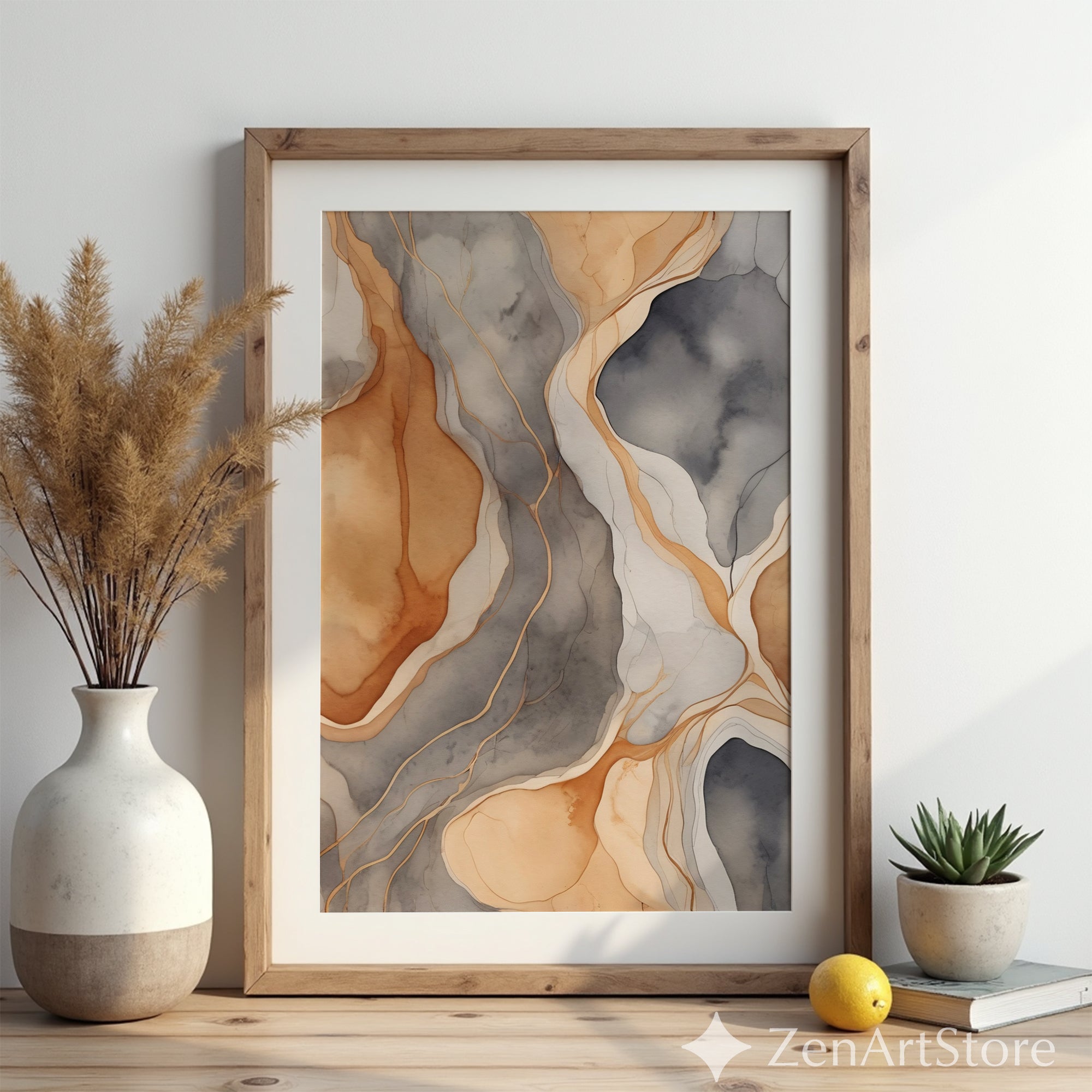 Neutral Abstract Watercolor Wall Art Earth Tones Agate Print – Minimal Japandi Beige Gray Brown Modern Home Decor Printable or Canvas