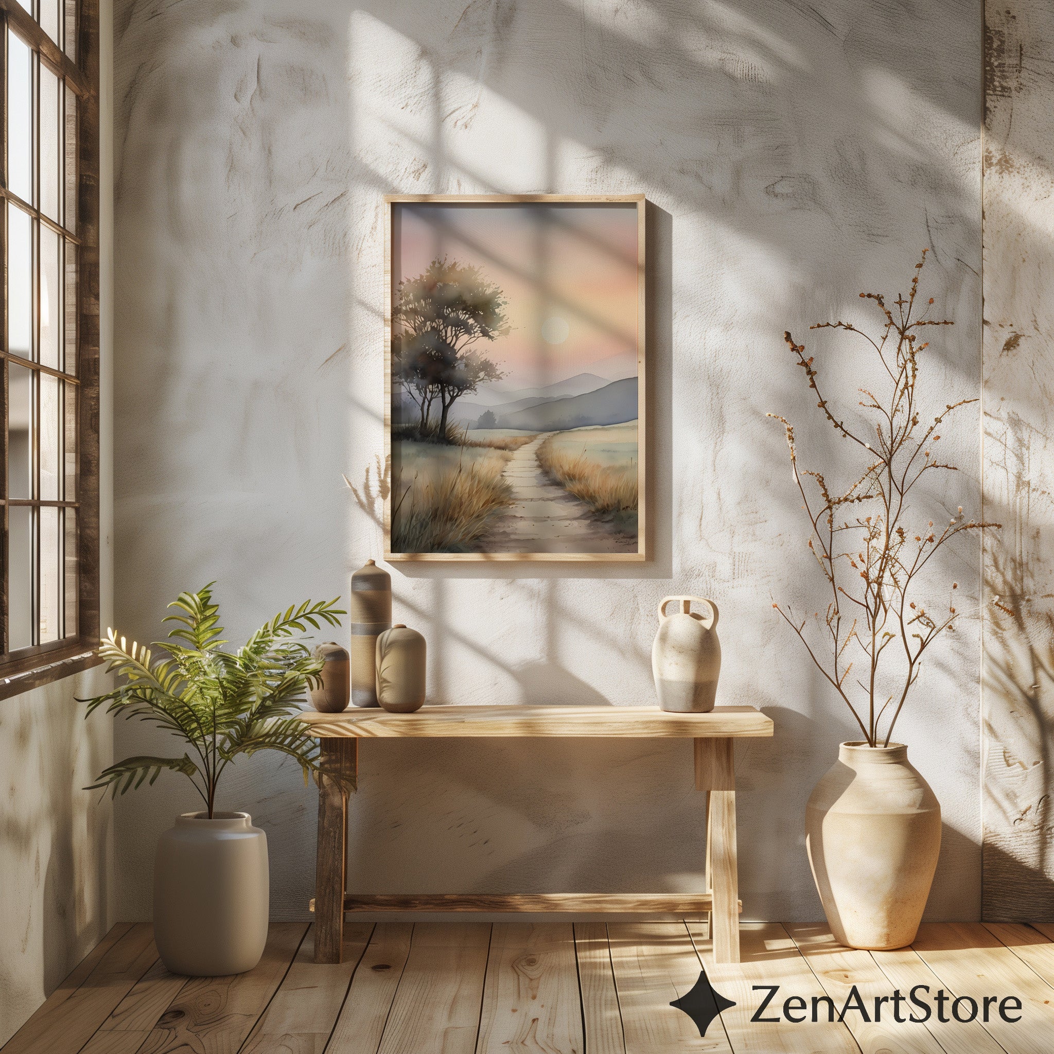 Serene Sunrise Path Watercolor Print - Minimal Neutral Landscape Wall Art for Living Room & Bedroom