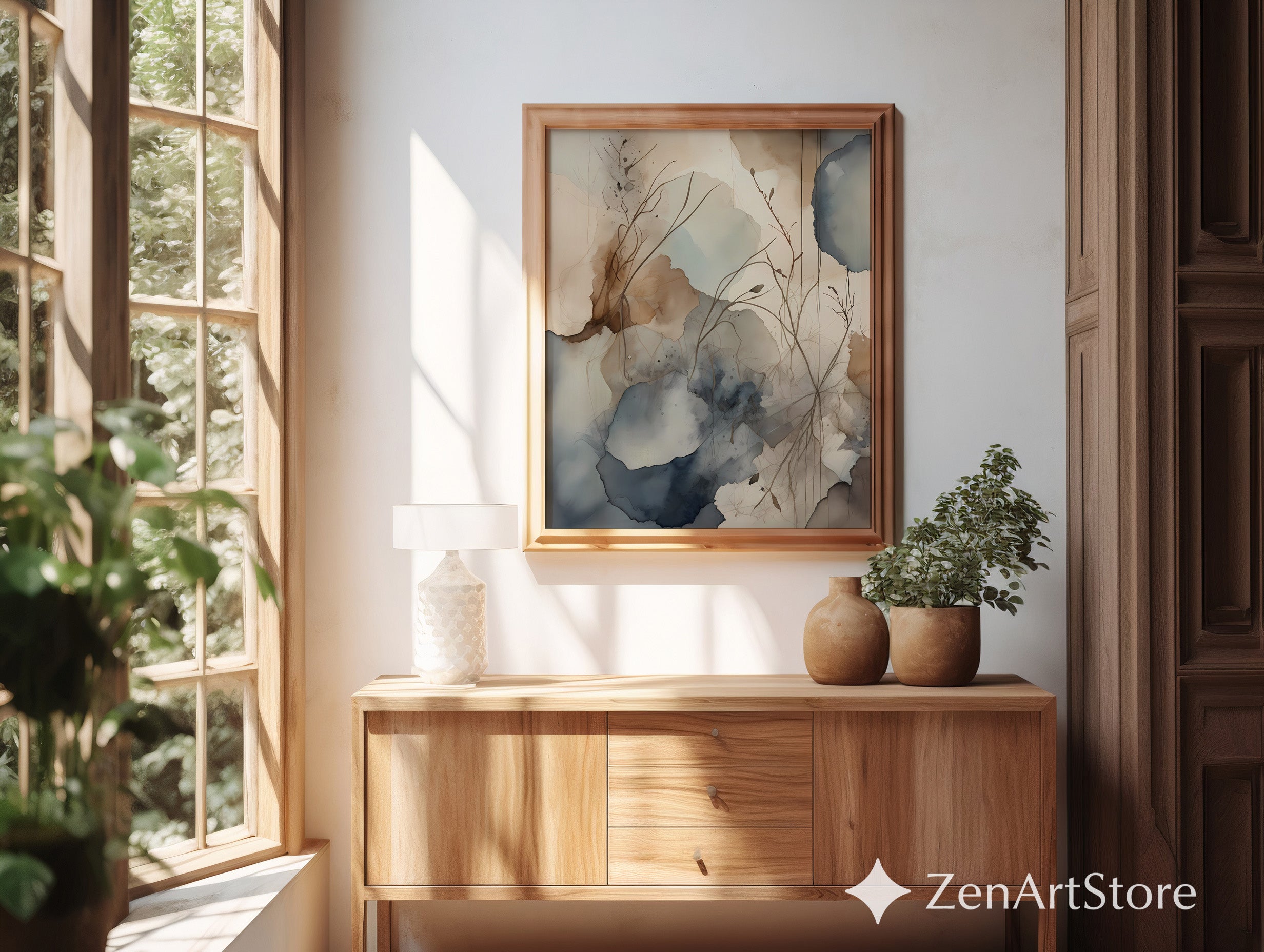 Abstract Botanical Wall Art Neutral Watercolor Print - Beige Blue Minimal Japandi Floral Canvas for Living Room