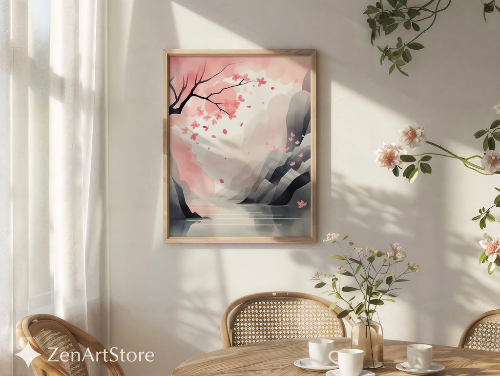 Cherry Blossom Landscape Print - Minimal Sakura Wall Art Pastel Pink Japandi Zen Print for Living Room Bedroom Nursery