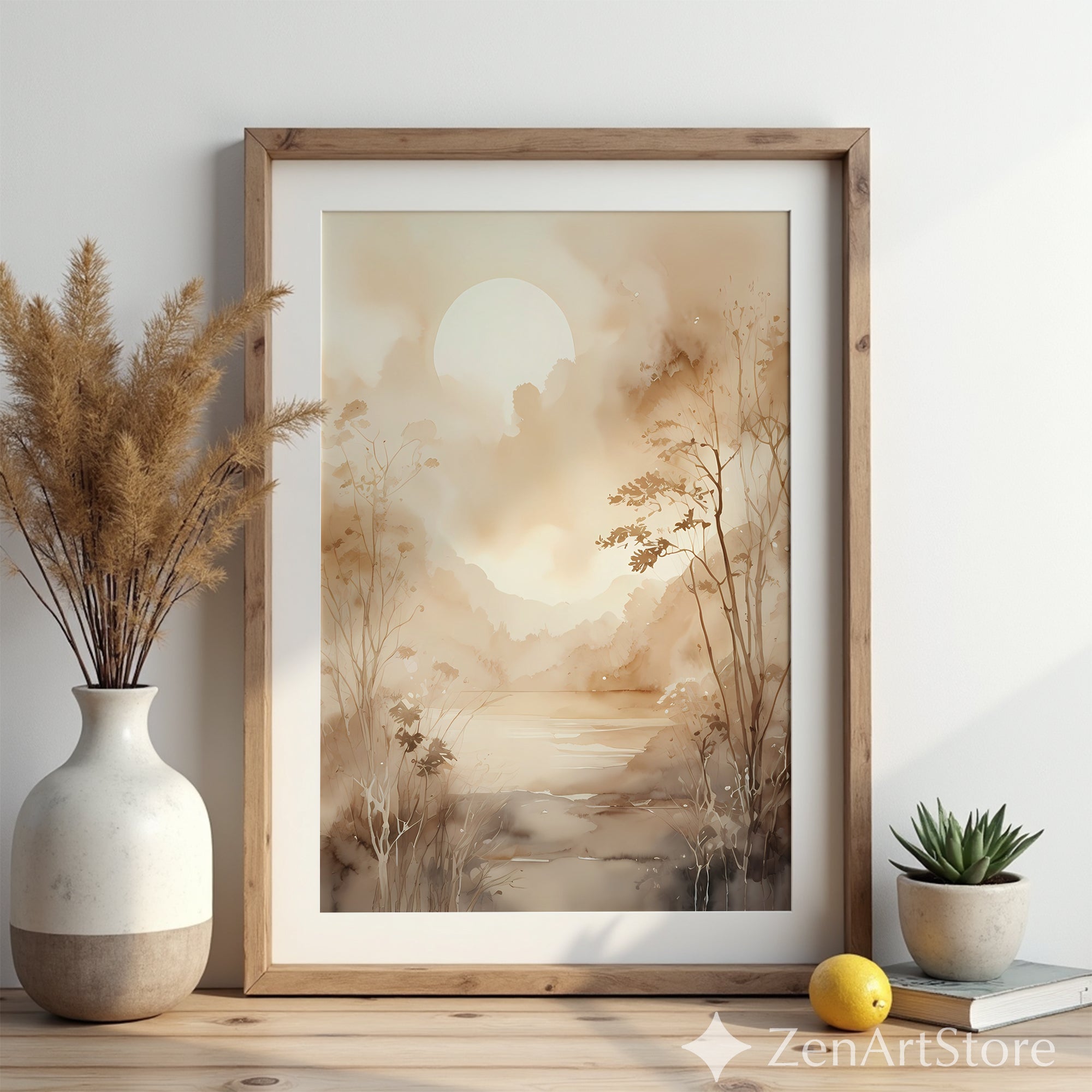 Serene Sepia Sunrise Watercolor Landscape Print - Minimal Neutral Wall Art for Living Room, Bedroom, Japandi Decor