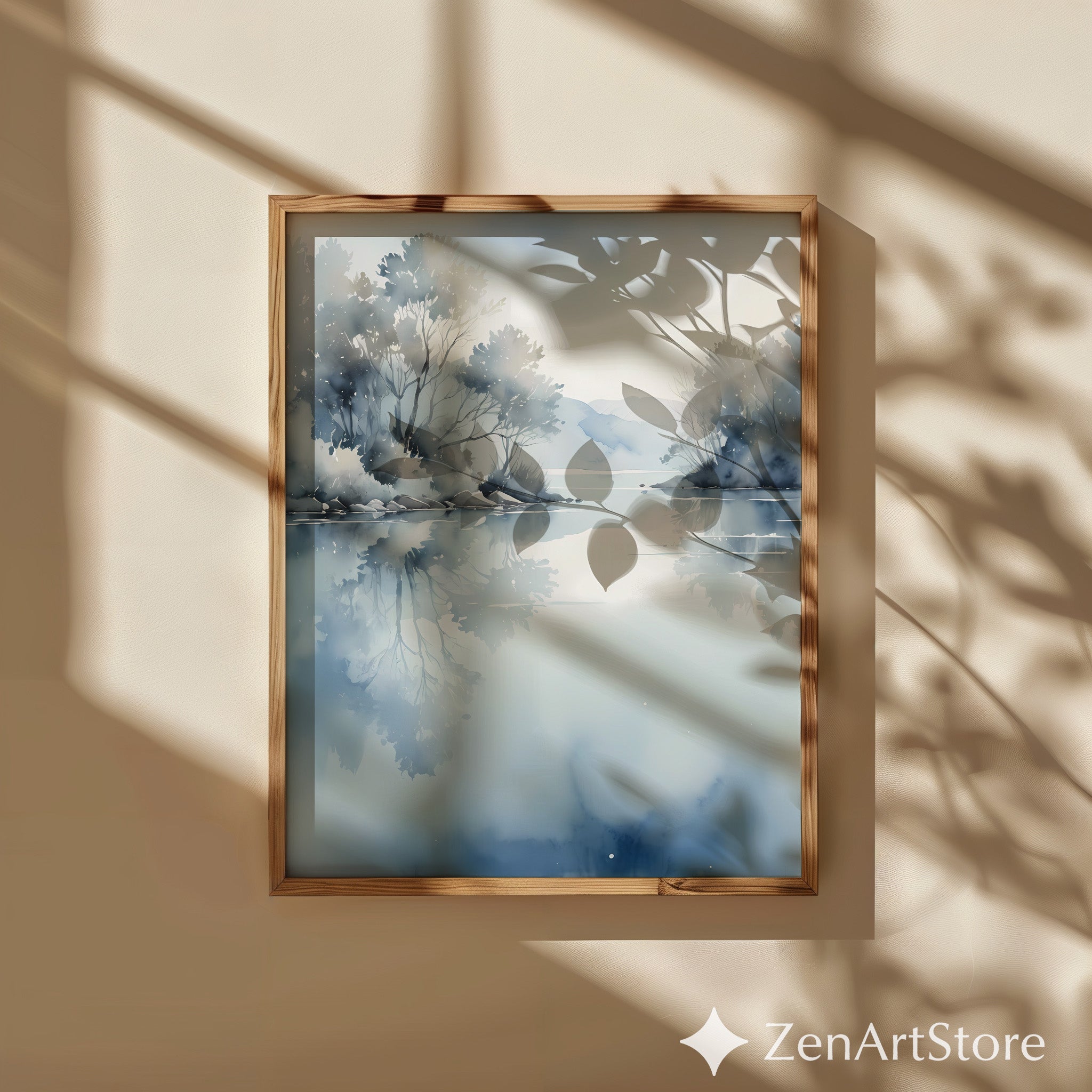 Misty Blue Lake Watercolor Print - Calm Minimalist Landscape Wall Art for Living Room, Bedroom, Spa, Japandi Zen Decor