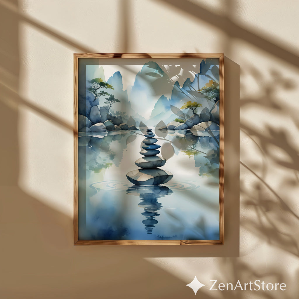 Zen Stone Stack Watercolor Print - Minimal Japandi Landscape Wall Art for Living Room, Bedroom & Meditation Space