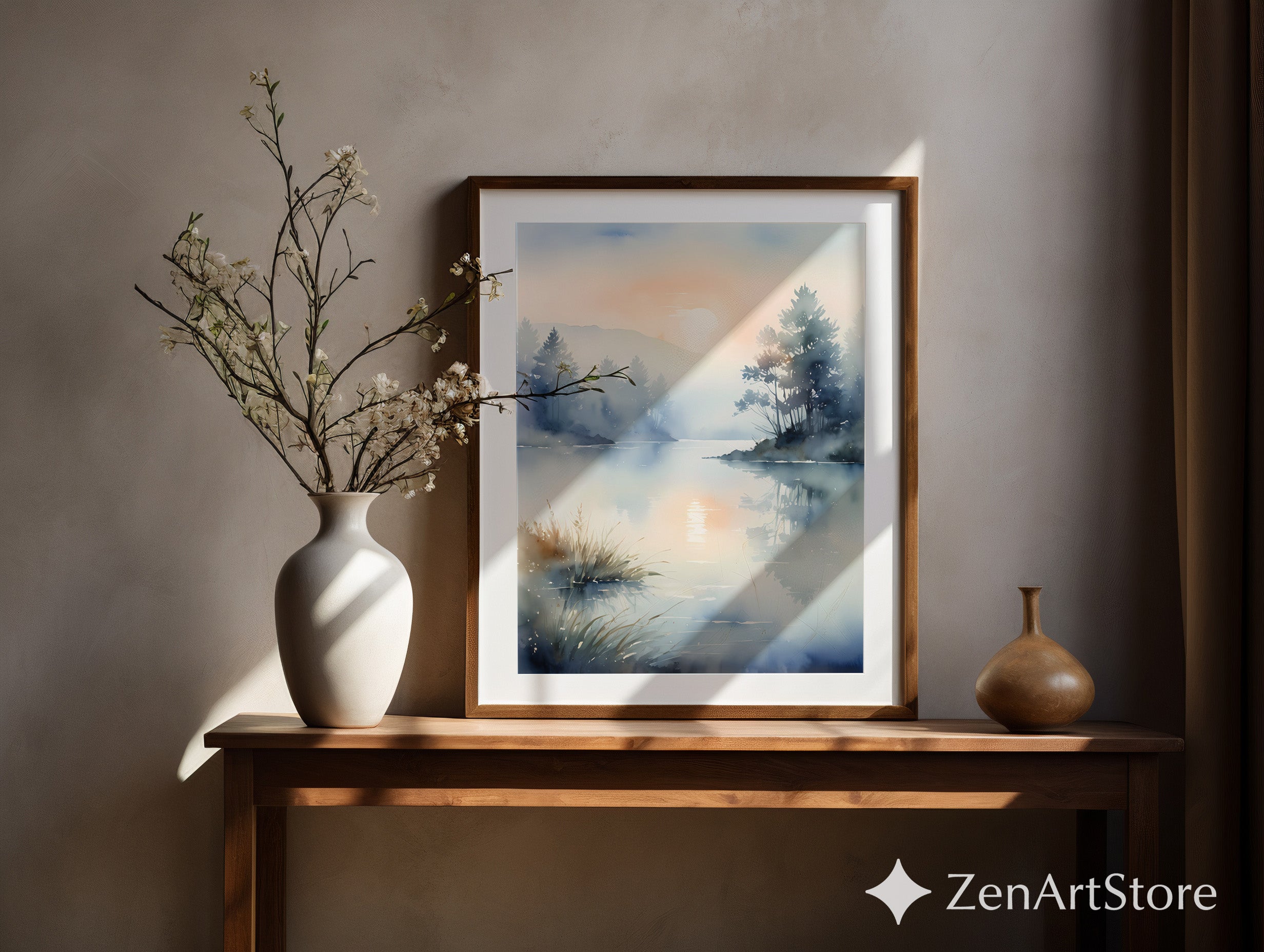 Misty Lake Sunrise Watercolor Print – Zen Minimal Landscape Wall Art, Japandi Neutral Home Decor, Calm Scandinavian Nature Poster