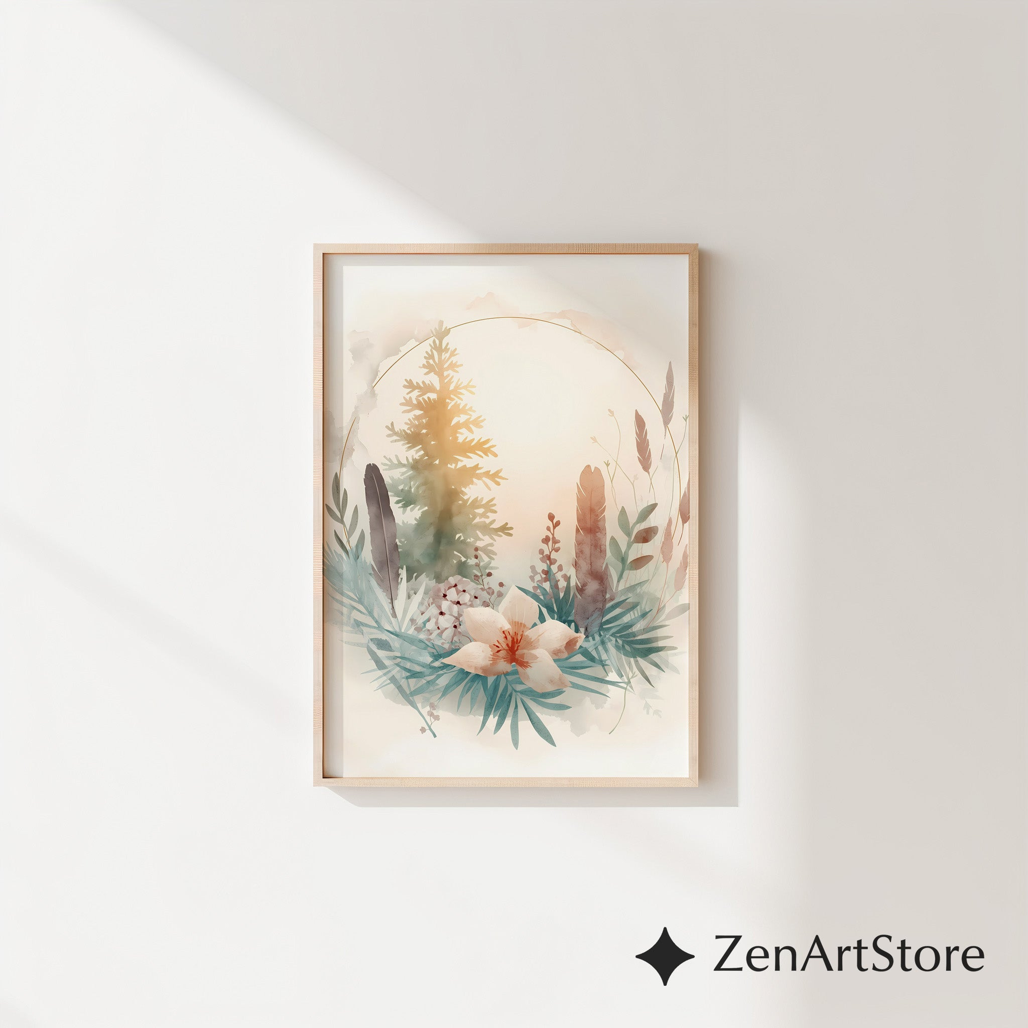 Neutral Botanical Watercolor Print with Gold Halo - Japandi Wabi Sabi Floral Wall Art
