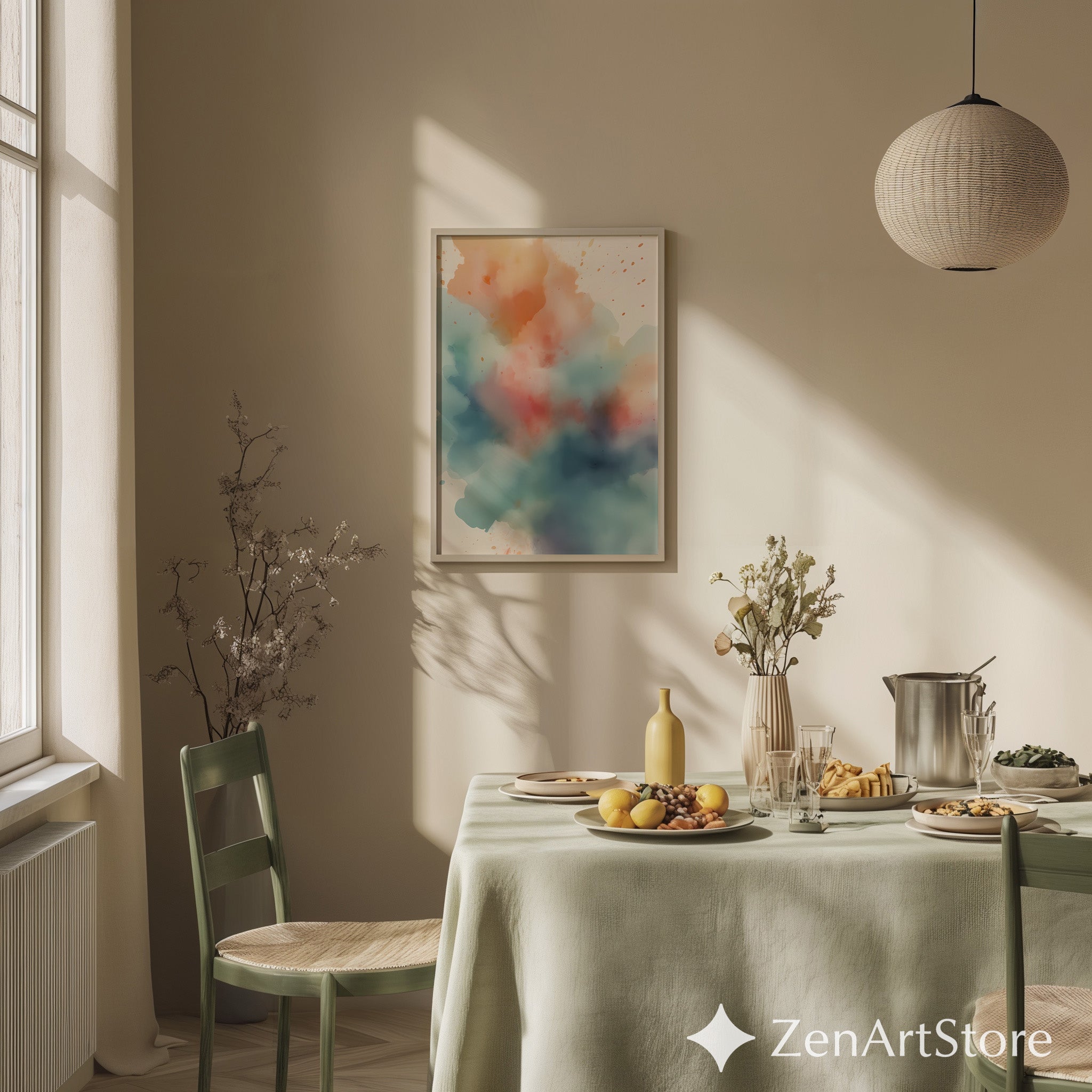 Soft Watercolor Abstract Wall Art - Neutral Blue & Coral Print for Modern Minimal Japandi Home Decor