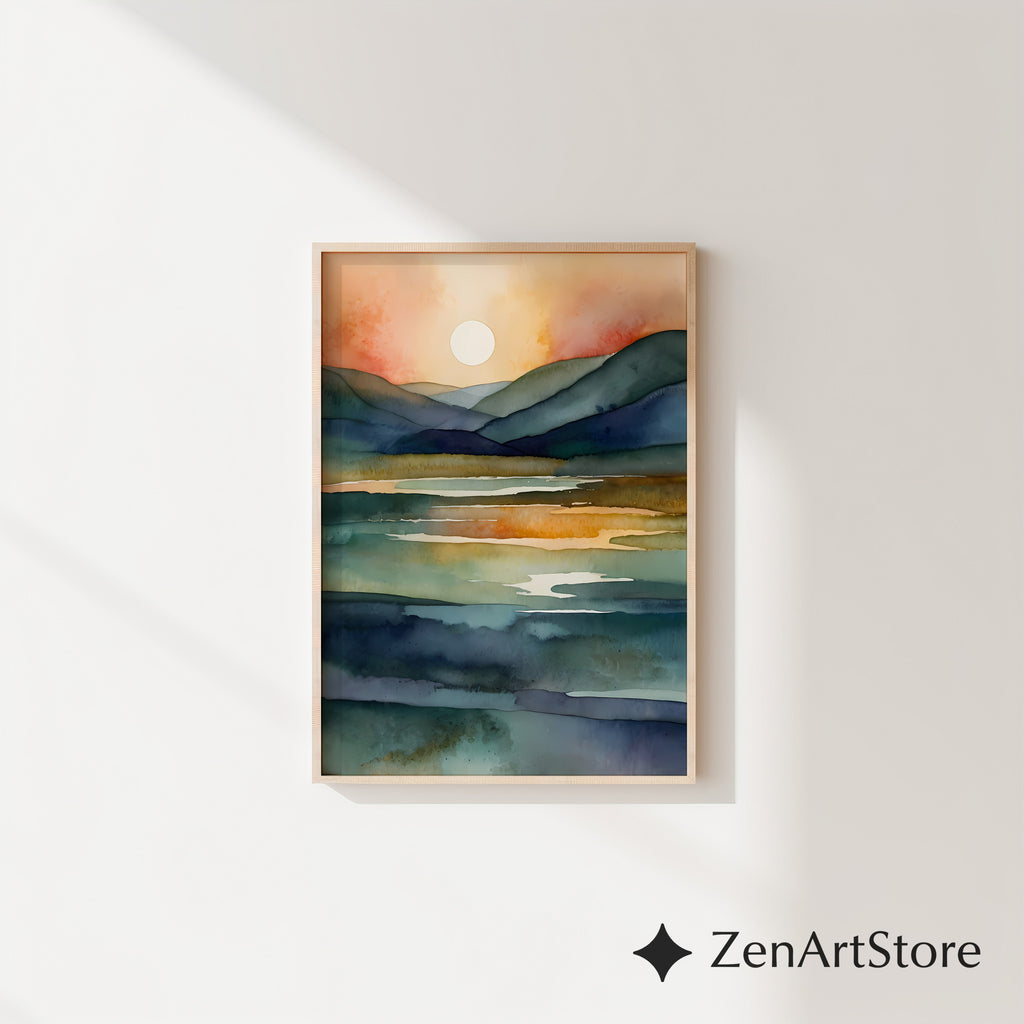 Serene Watercolor Landscape Print - Sunlit Mountains & Lake, Abstract Japandi Wall Art in Teal Blue & Warm Beige
