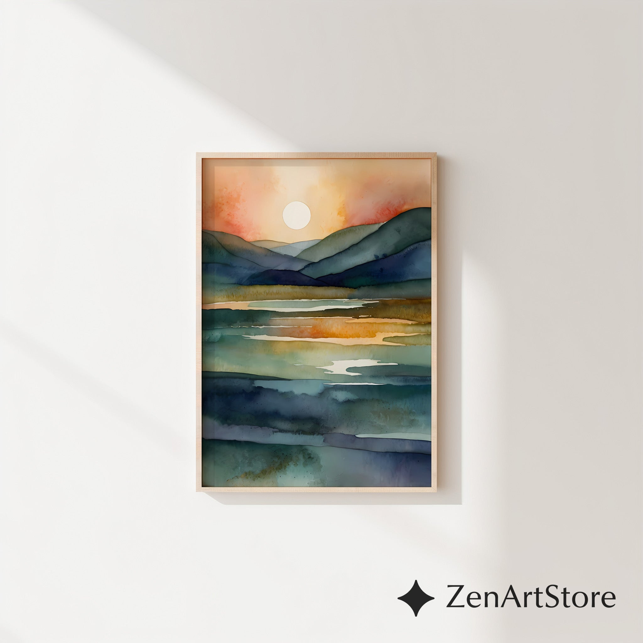 Serene Watercolor Landscape Print - Sunlit Mountains & Lake, Abstract Japandi Wall Art in Teal Blue & Warm Beige