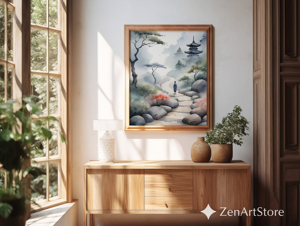 Misty Pagoda Path Watercolor Art Print - Zen Japanese Landscape, Japandi Minimal Wall Art for Living Room, Bedroom, Meditation Space