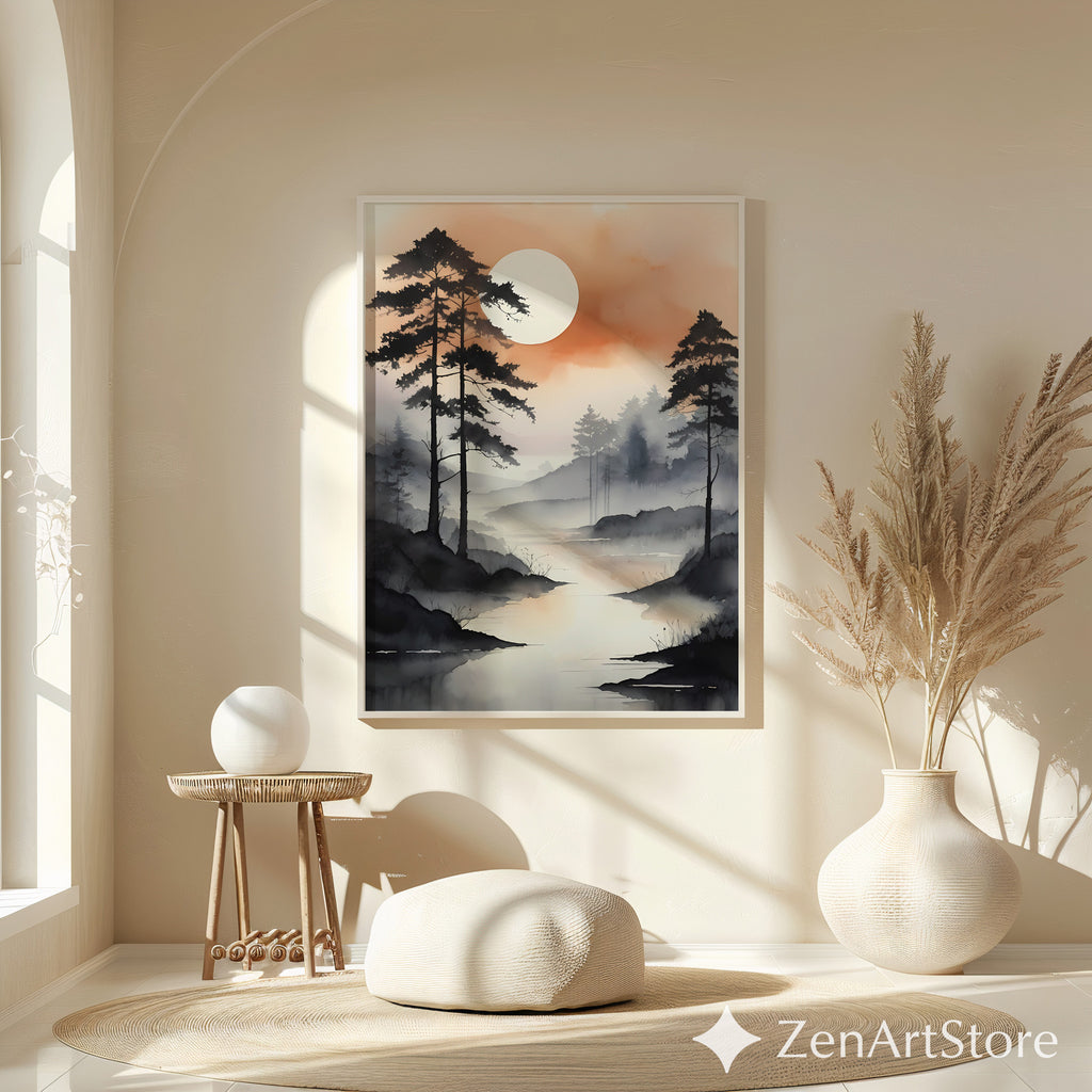 Misty River Landscape Wall Art - Zen Japandi Minimal Sunset Print, Neutral Wabi Sabi Home Decor