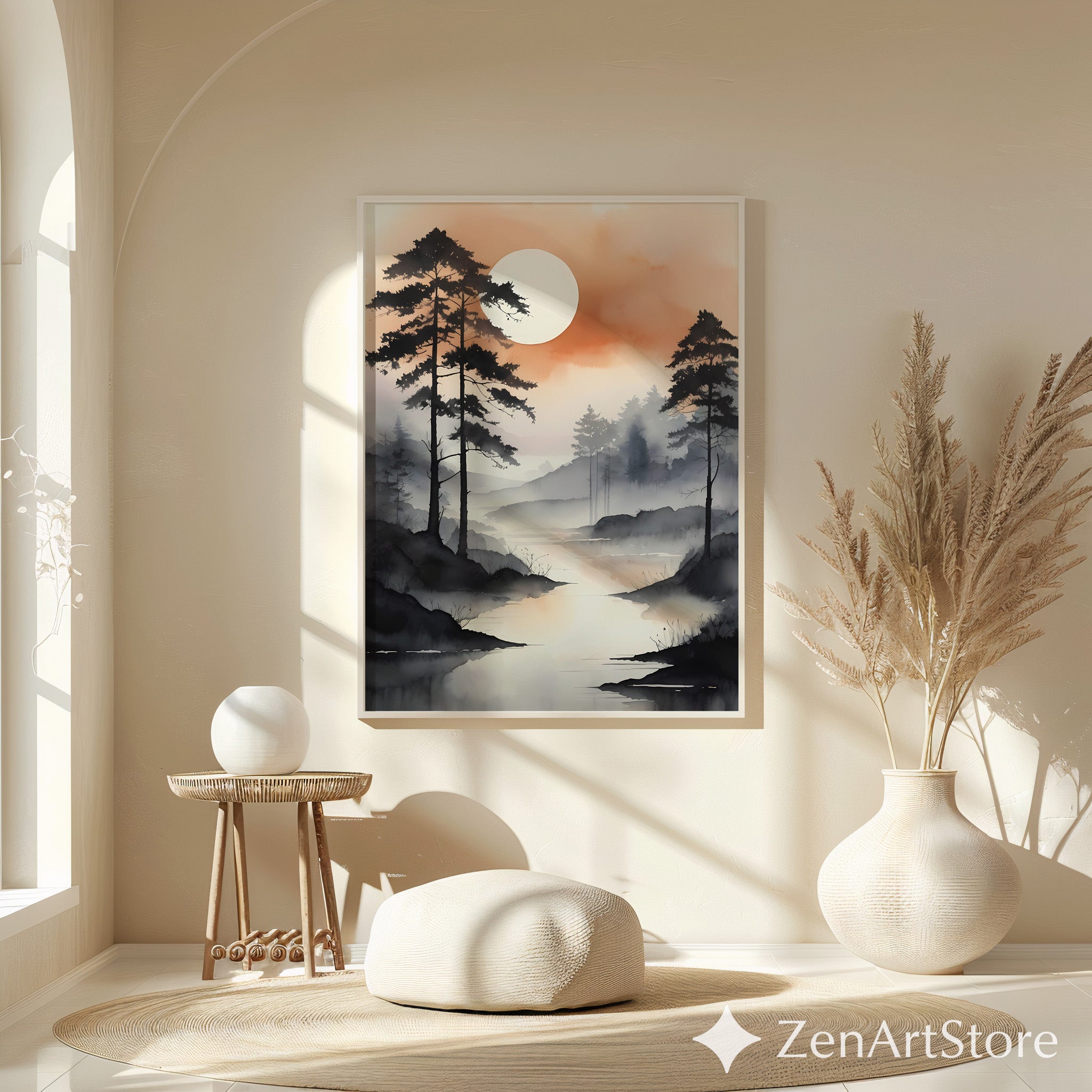 Misty River Landscape Wall Art - Zen Japandi Minimal Sunset Print, Neutral Wabi Sabi Home Decor