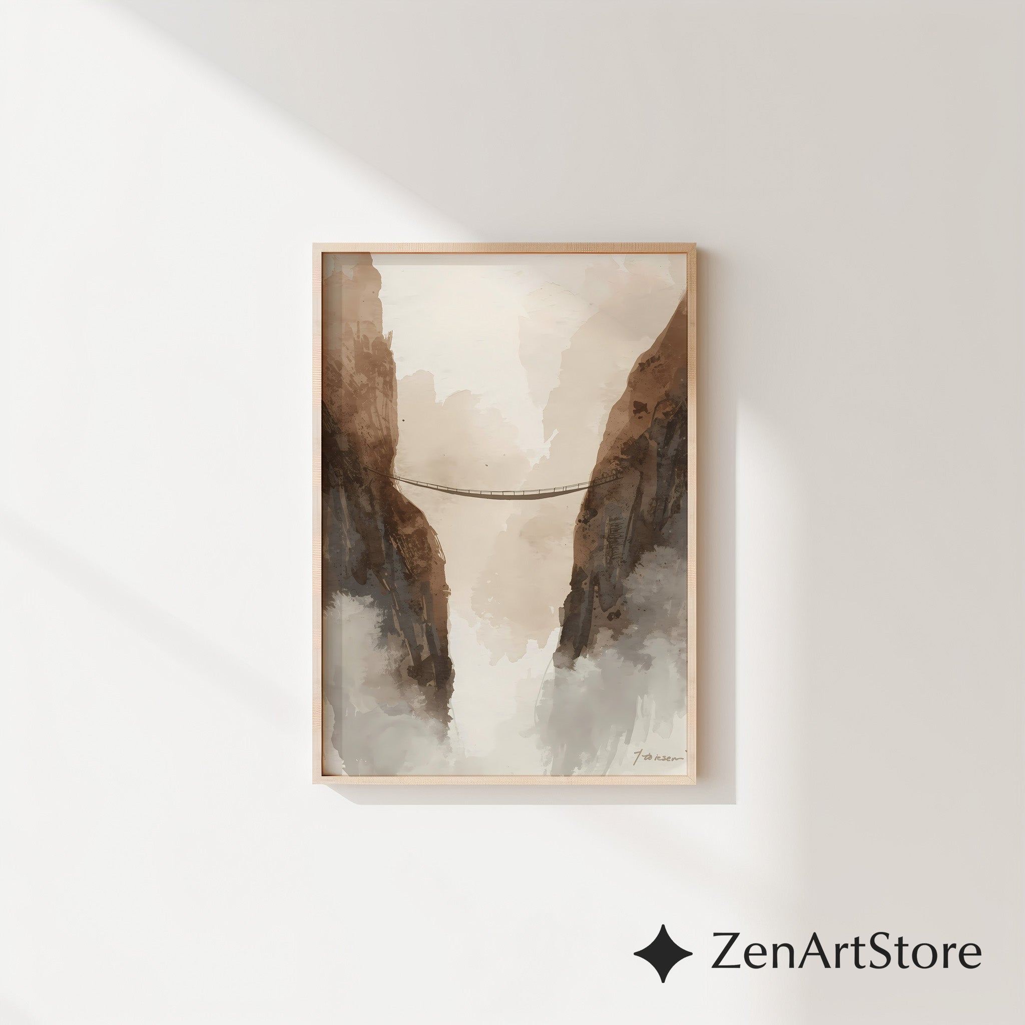 Neutral Mountain Bridge Watercolor Print – Minimal Japandi Wabi Sabi Wall Art for Living Room