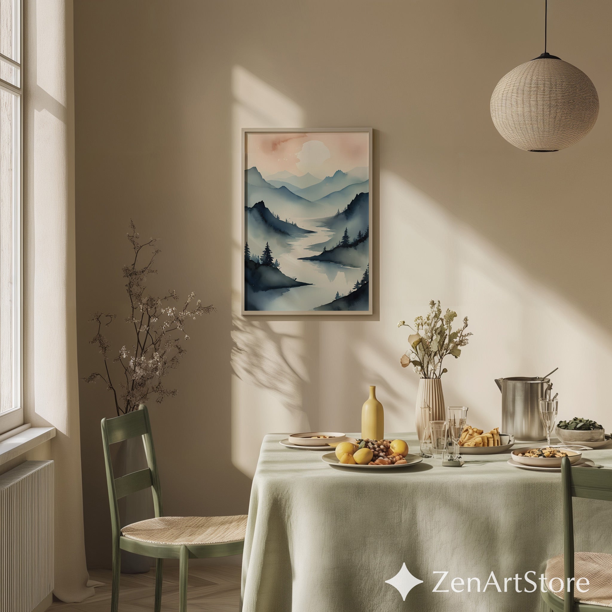 Misty Mountain Watercolor Print - Minimalist Landscape Wall Art, Japandi Scandinavian Calm Neutral Blue Beige Home Decor