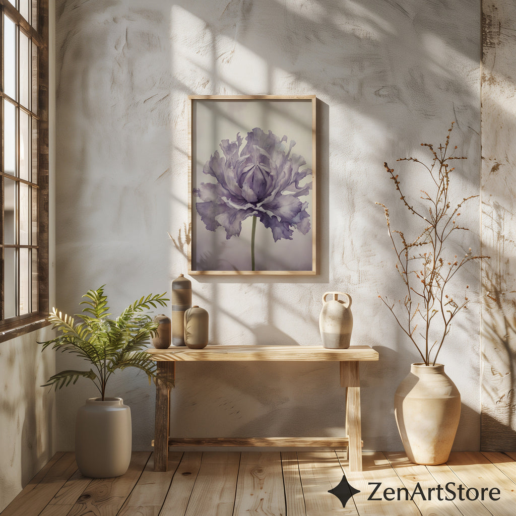 Lavender Peony Botanical Wall Art Print - Minimal Floral Fine Art for Scandinavian Japandi Wabi Sabi Home Decor