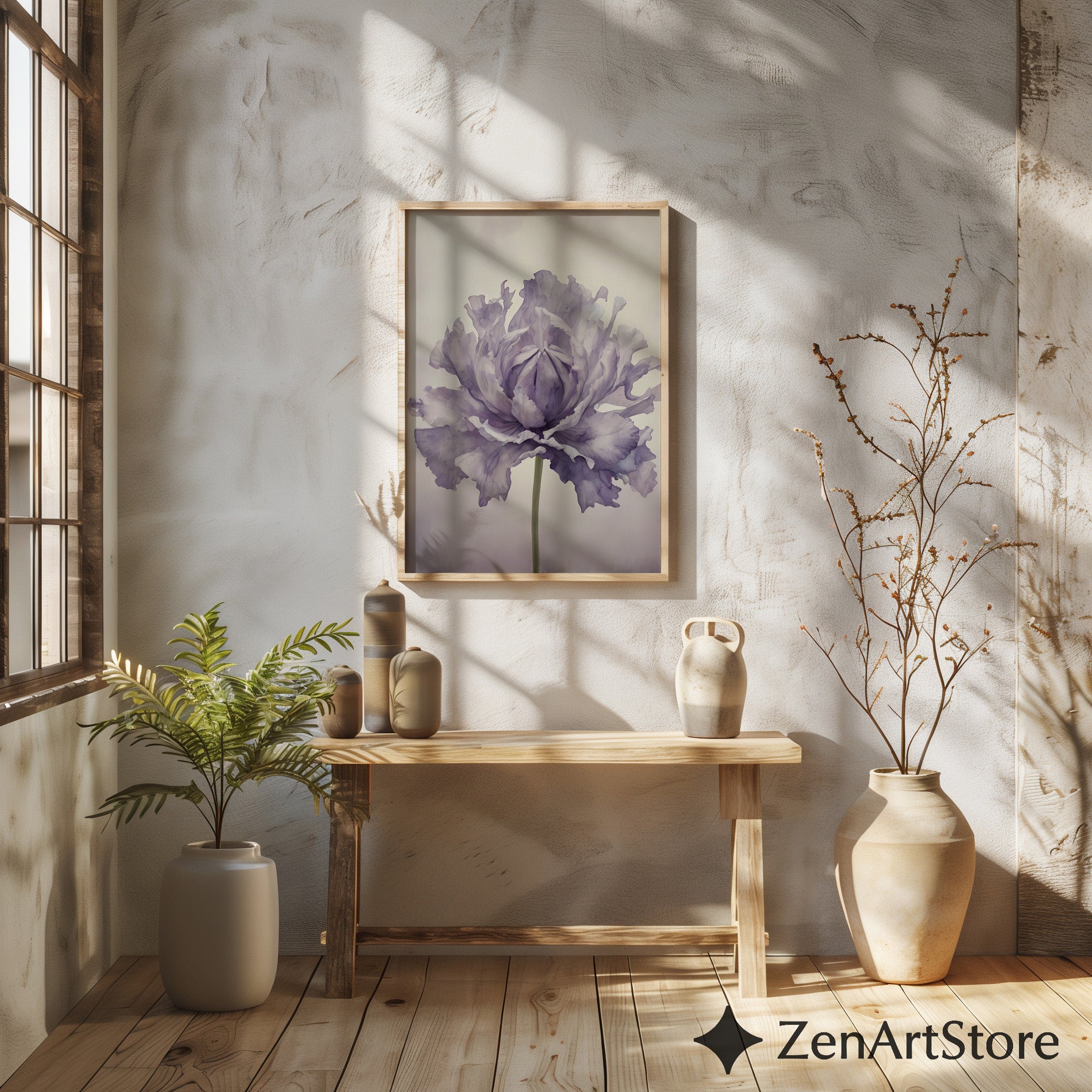 Lavender Peony Botanical Wall Art Print - Minimal Floral Fine Art for Scandinavian Japandi Wabi Sabi Home Decor