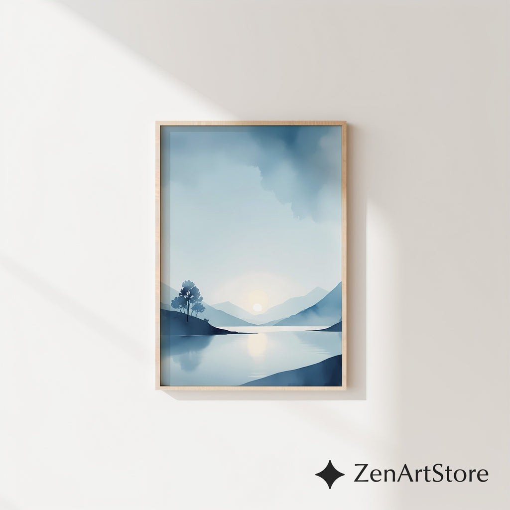 Calm Blue Lake Landscape Print - Minimal Sunrise Wall Art for Scandinavian Japandi Home Decor