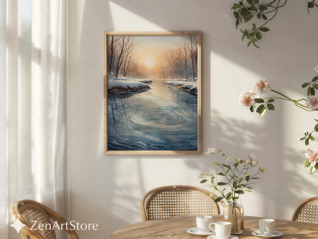 Winter River Sunrise Print - Minimal Scandinavian Landscape Wall Art, Neutral Japandi Zen Home Decor