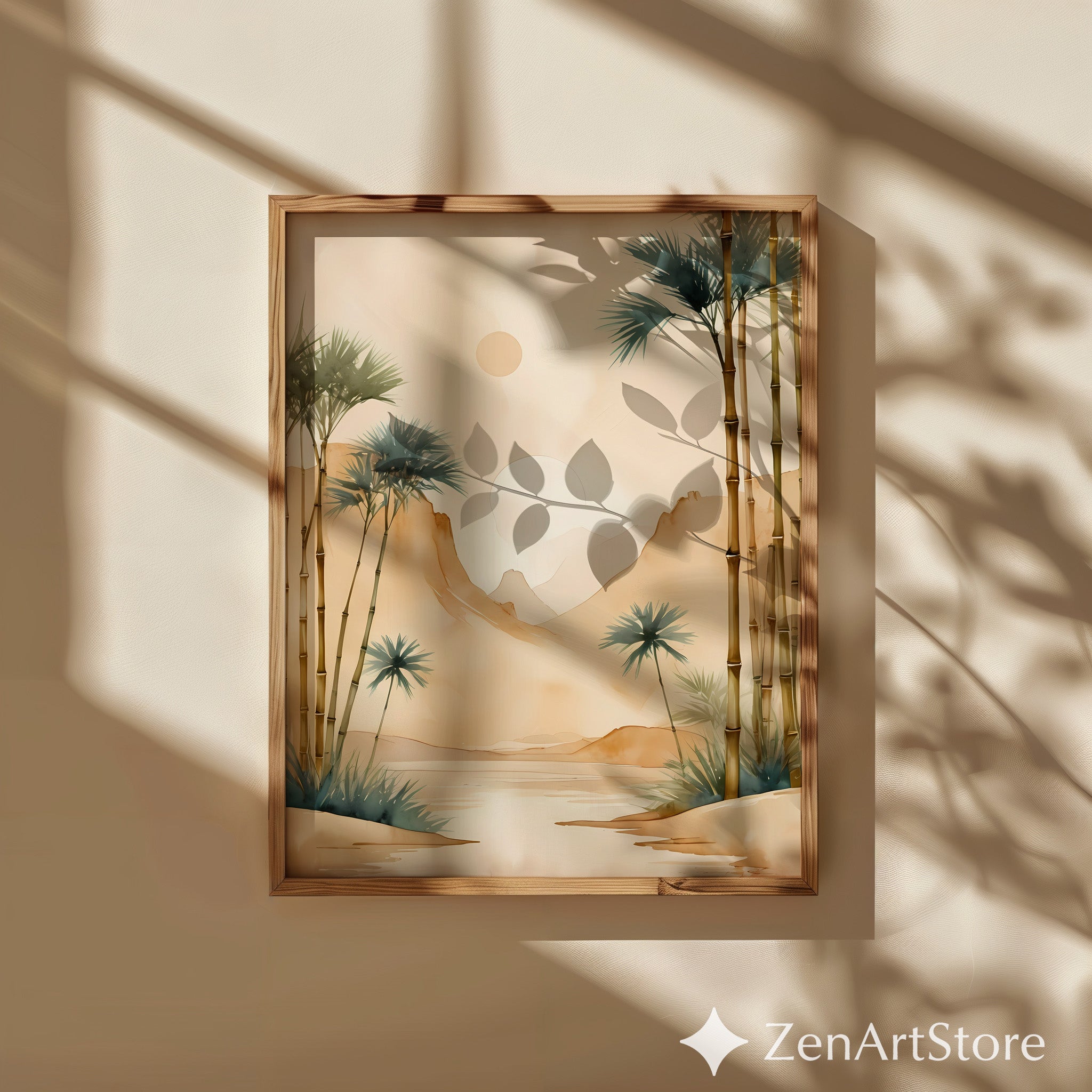 Neutral Bamboo Landscape Wall Art - Japandi Zen Minimalist Watercolor Palm & Mountain Print for Home Decor