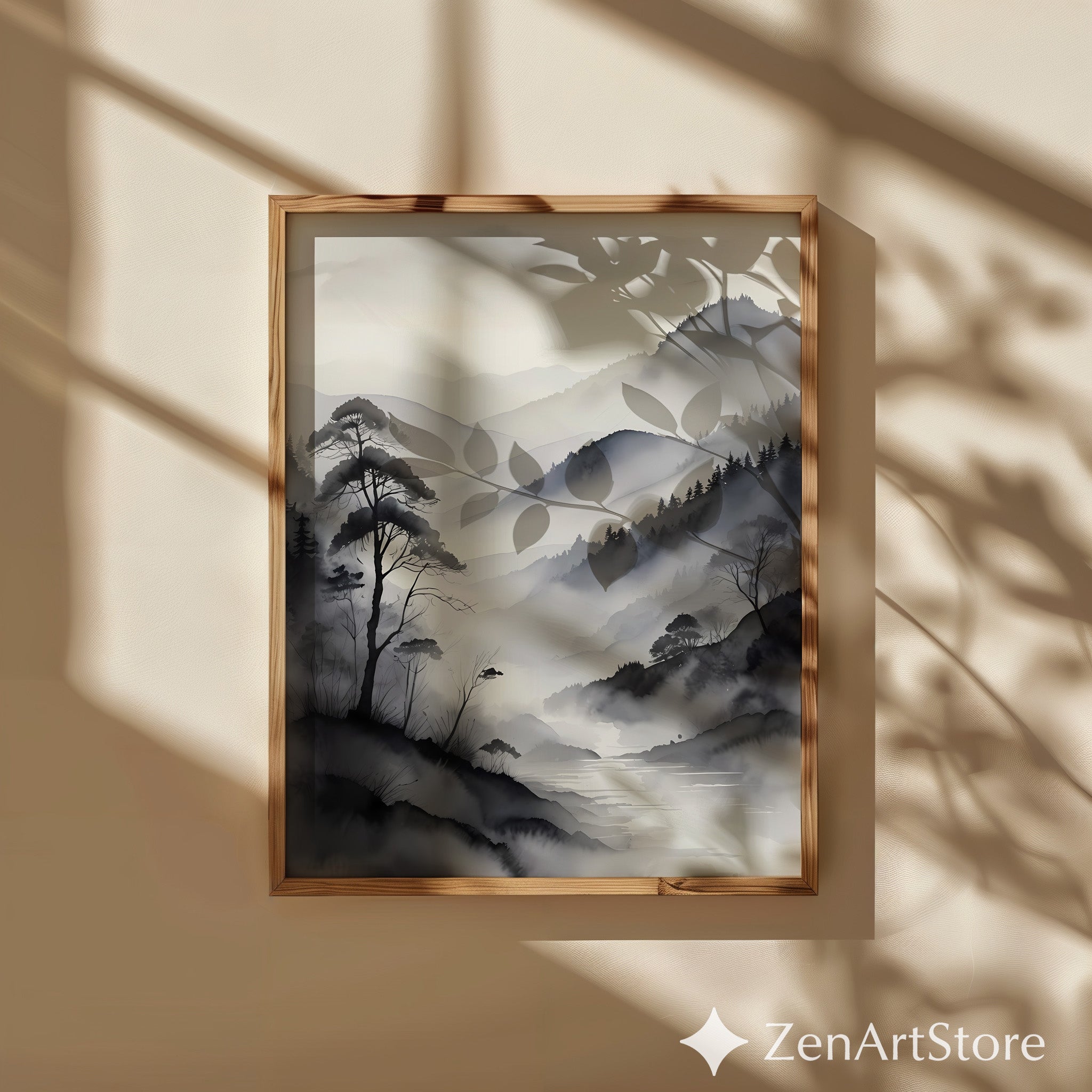 Misty Mountain Sumi-e Print - Minimal Zen Landscape Wall Art, Japandi Monochrome Canvas or Digital Download