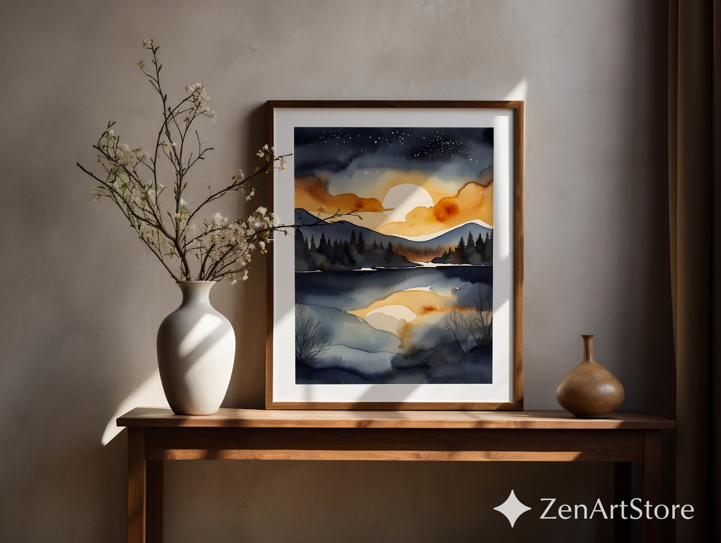 Serene Sunset Lake Watercolor Print - Moody Navy and Gold Mountain Landscape Wall Art