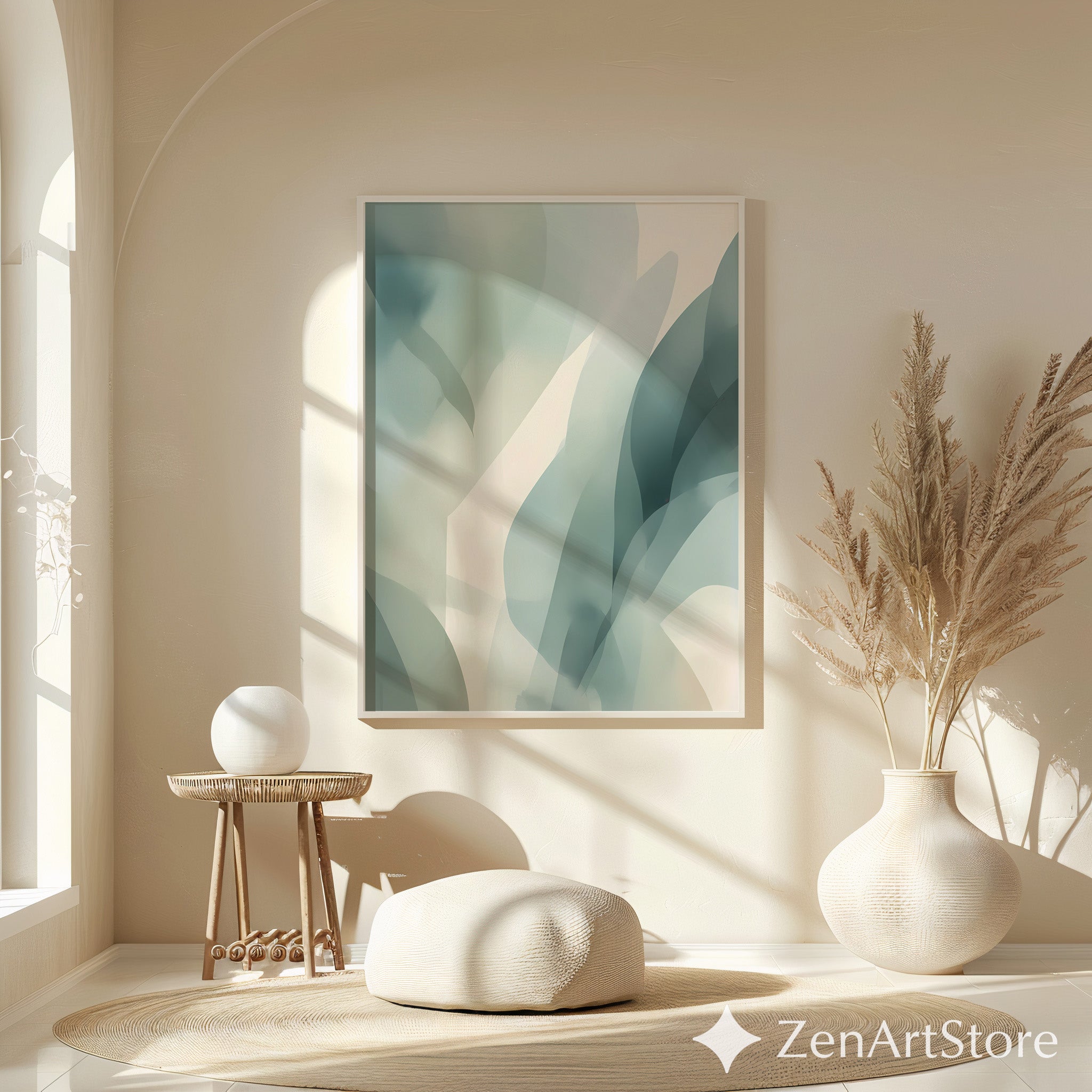 Muted Green Abstract Botanical Wall Art | Minimalist Japandi Print for Calm Neutral Home Decor, Printable & Canvas Ready