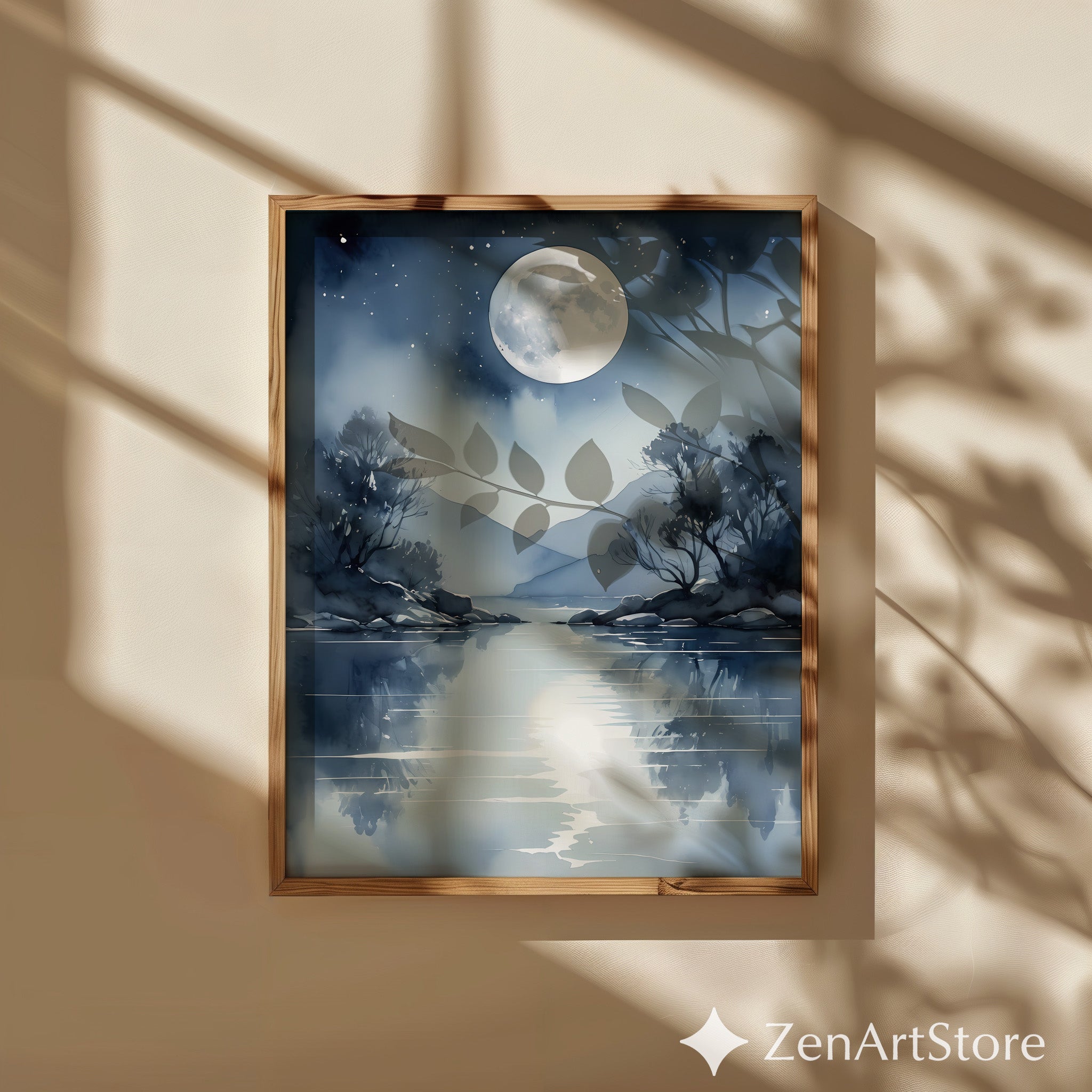 Moonlight Lake Watercolor Print - Serene Blue Moon Reflection Wall Art for Bedroom, Living Room, Japandi Minimal Decor