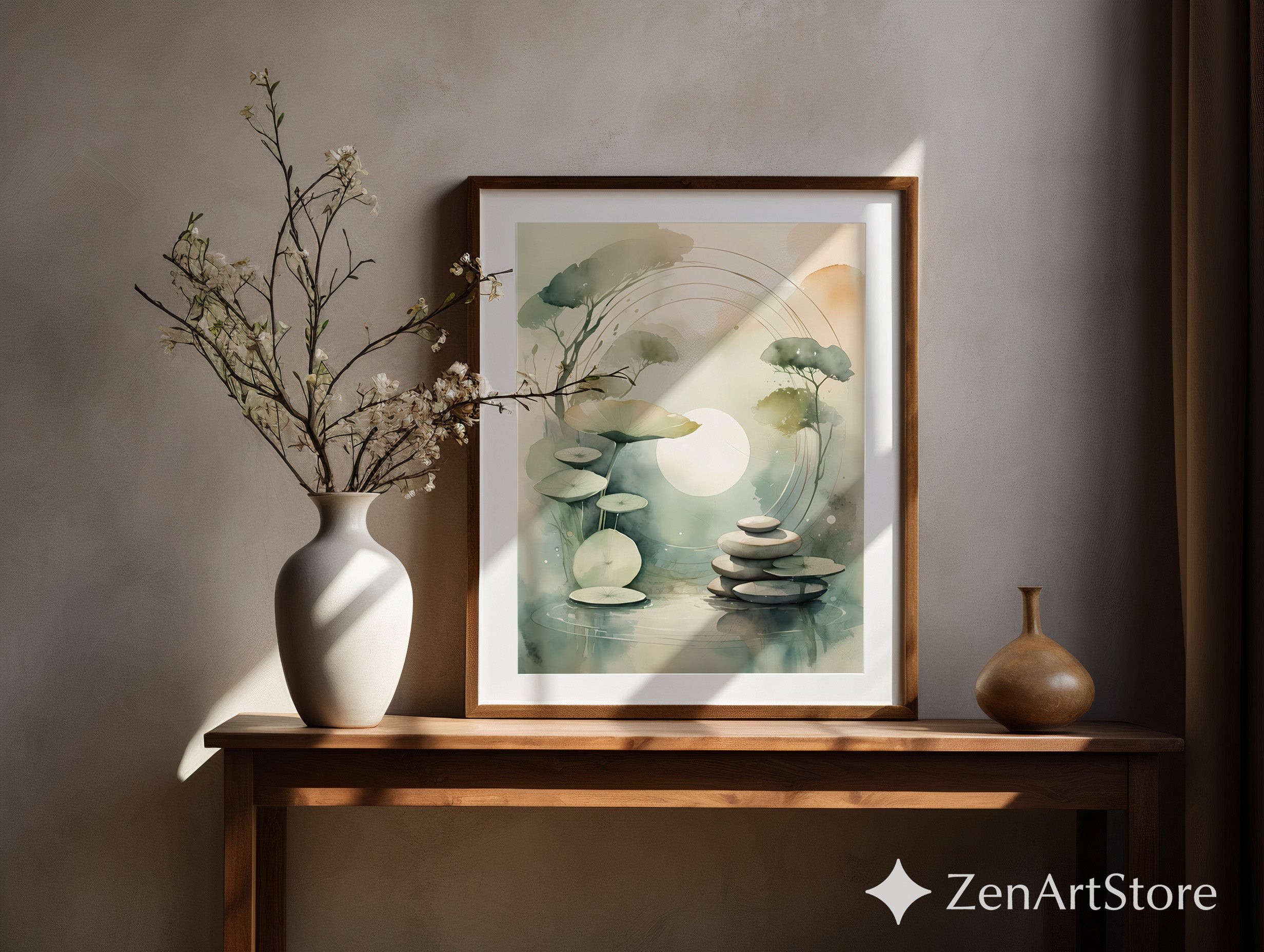 Zen Lotus Pond Wall Art - Minimal Japandi Botanical Print, Calming Neutral Green Landscape for Home Decor