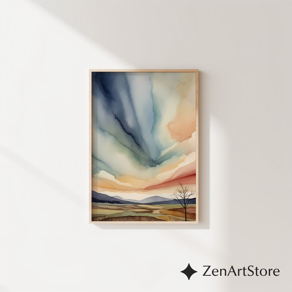 Abstract Zen Landscape Watercolor Print - Minimal Japandi Wall Art, Neutral Sky & Hills for Living Room