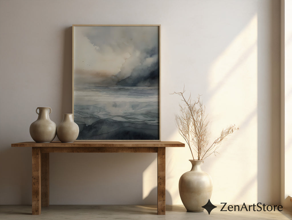 Neutral Abstract Seascape Wall Art - Minimal Coastal Watercolor Print, Calm Japandi Wabi Sabi Landscape for Living Room