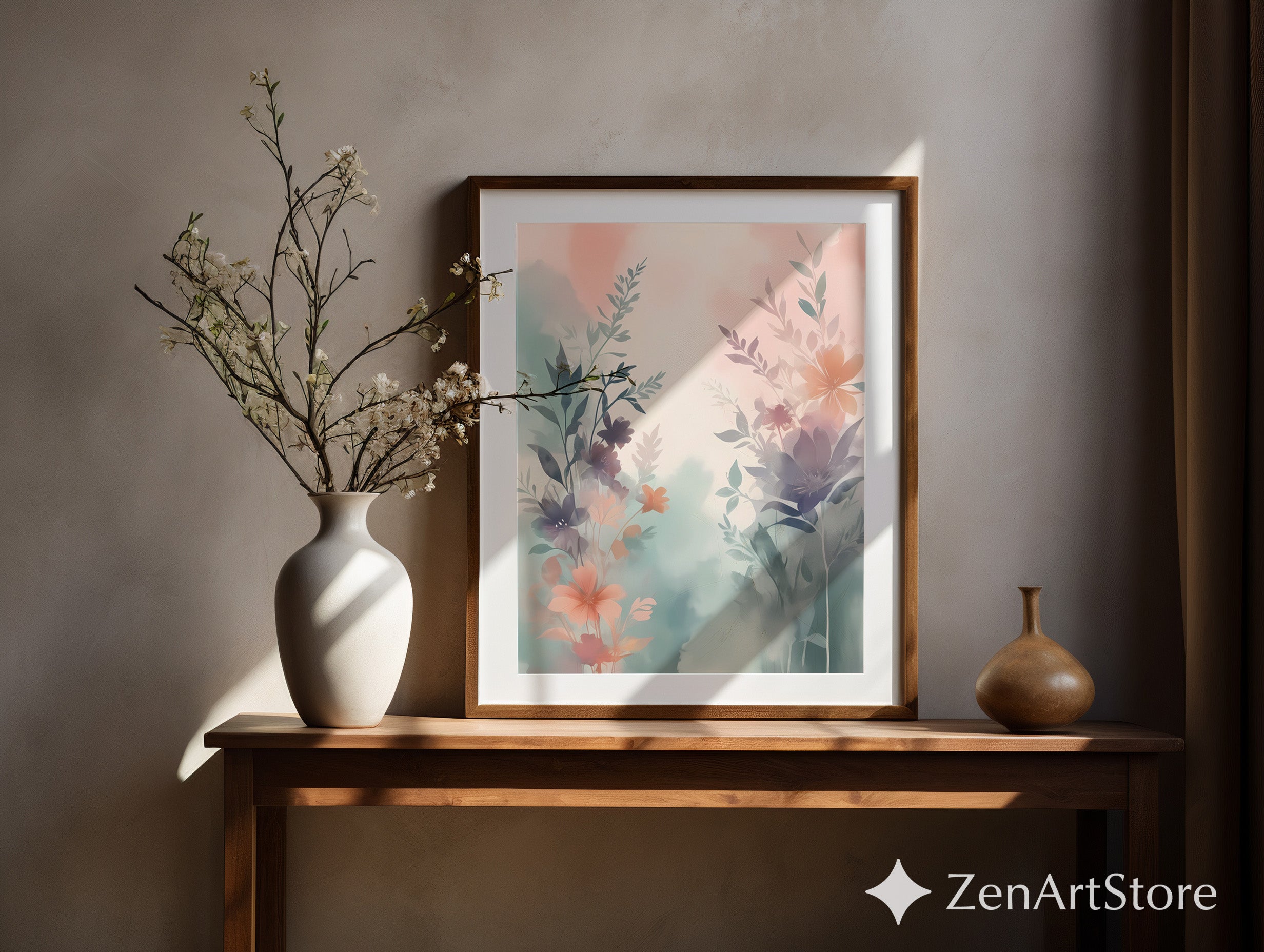 Pastel Botanical Watercolor Print - Soft Blush & Teal Floral Wall Art, Minimal Scandi Japandi Home Decor, Printable or Canvas