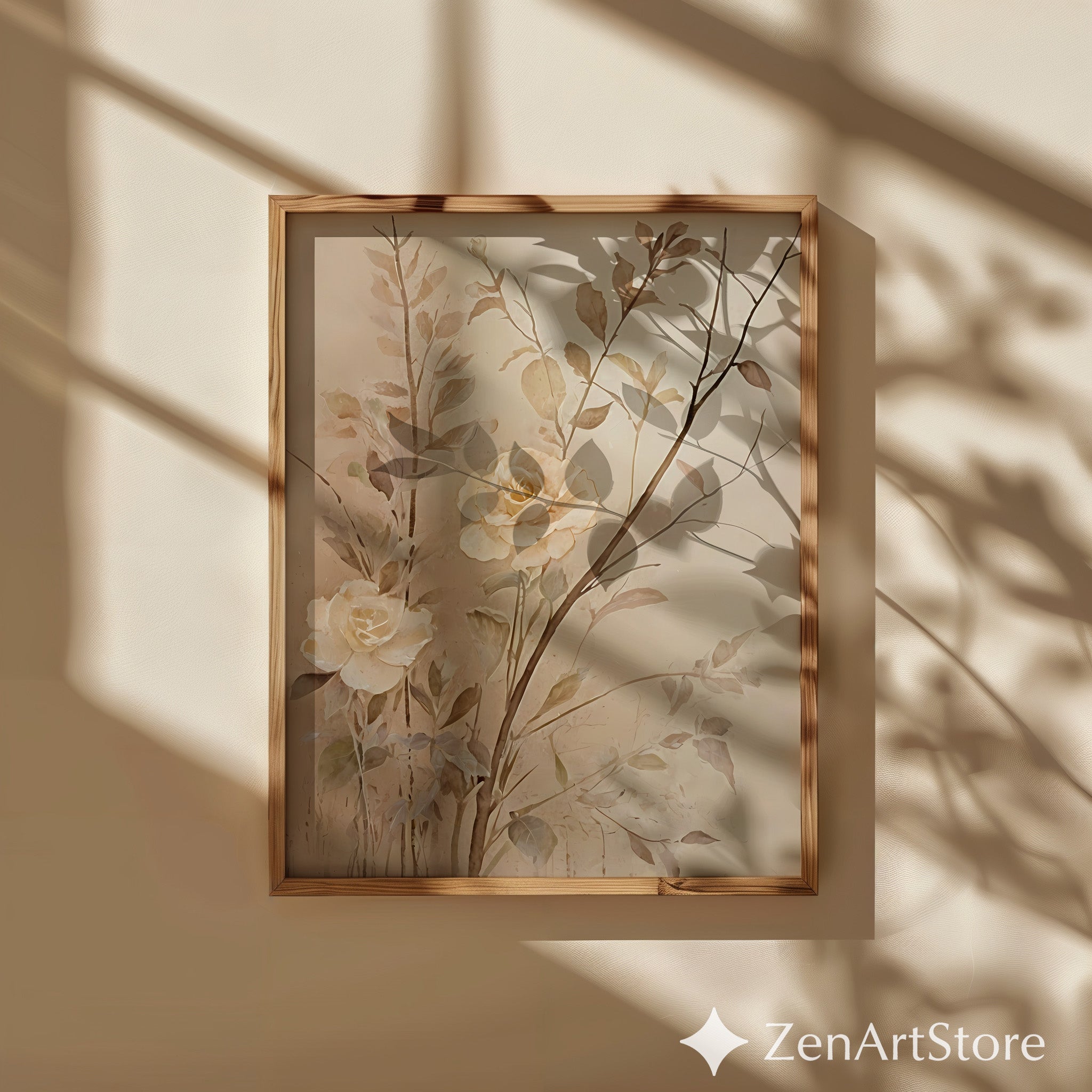 Neutral Botanical Rose Wall Art - Beige Minimalist Floral Print for Living Room, Bedroom, Japandi Wabi Sabi Home Decor