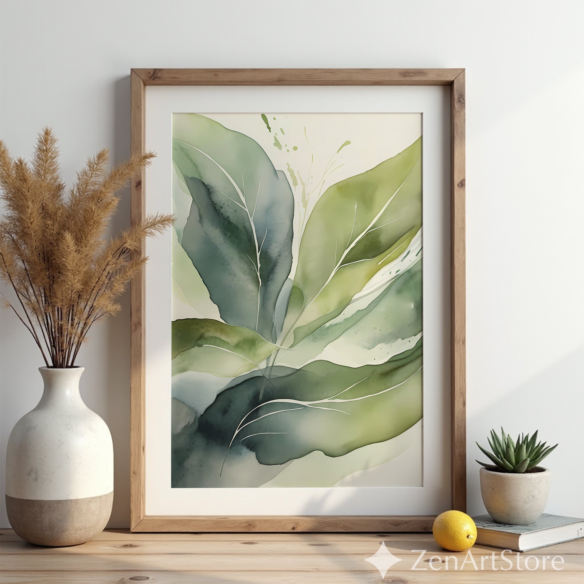 Calm Green Botanical Art Print - Watercolor Leaves Wall Art, Minimal Japandi Scandinavian Home Decor, Neutral Sage Olive Printable
