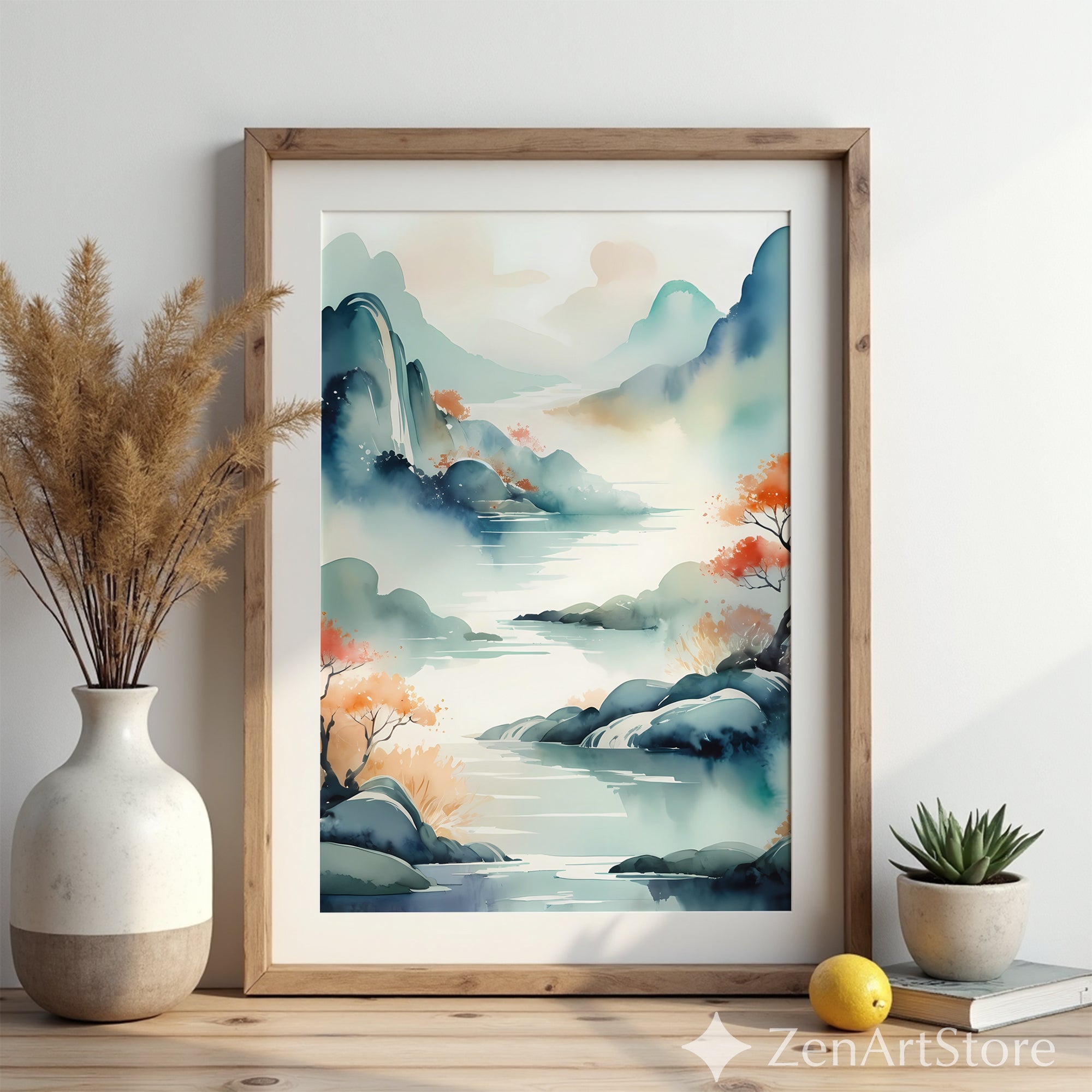 Serene Watercolor Landscape Print - Japandi Zen Mountain Lake Wall Art, Minimal Botanical Home Decor