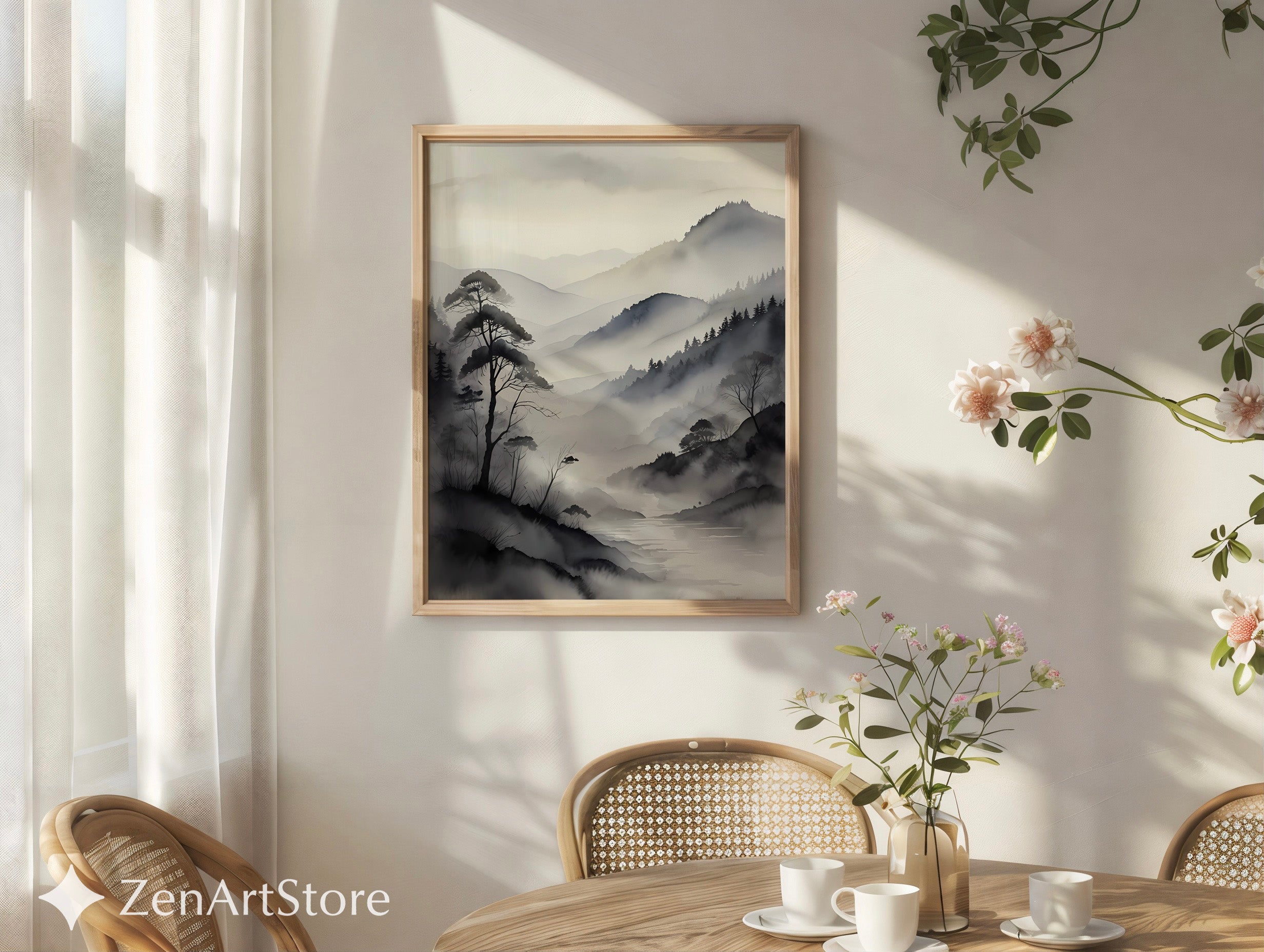 Misty Mountain Sumi-e Print - Minimal Zen Landscape Wall Art, Japandi Monochrome Canvas or Digital Download