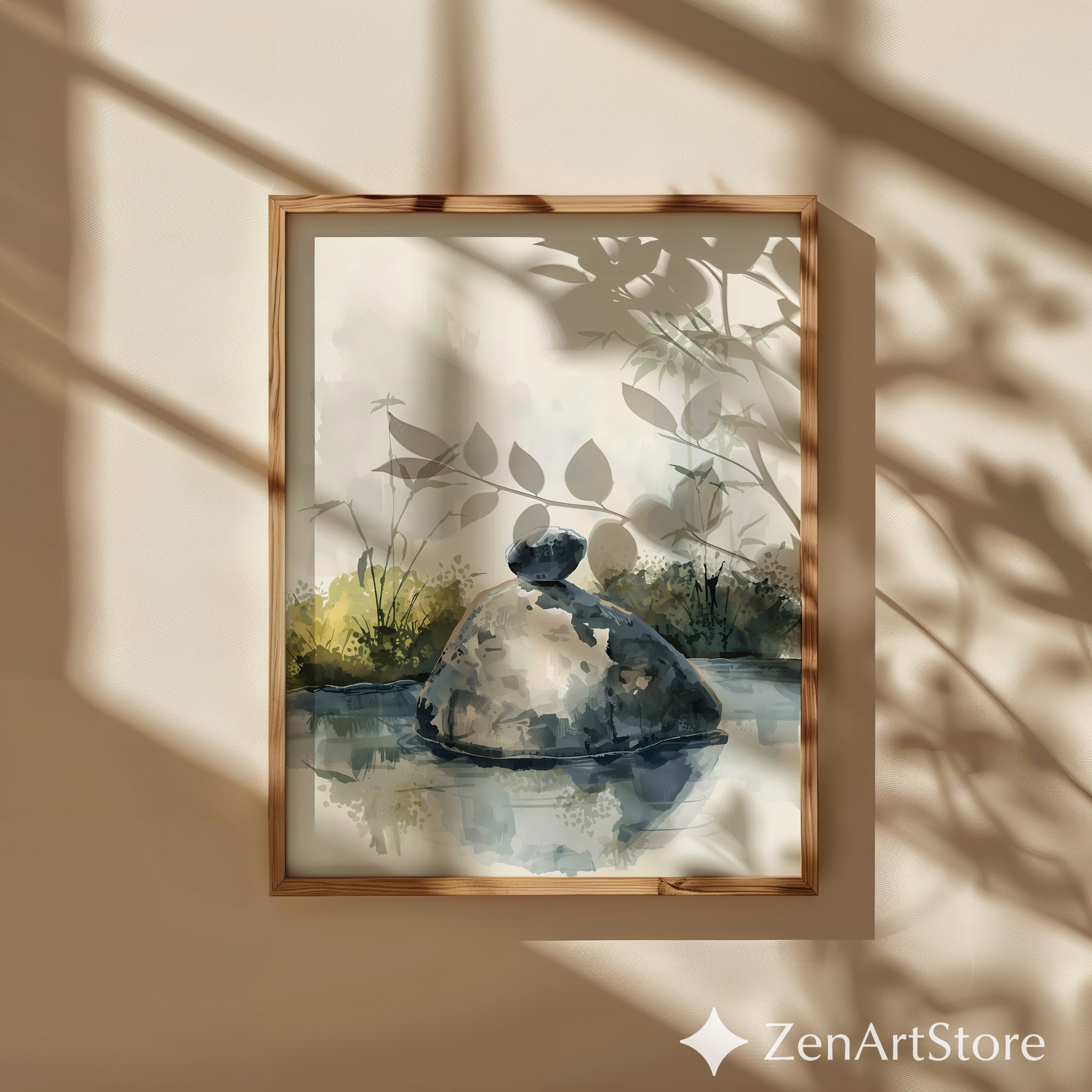Zen Rock Watercolor Print Minimal Wabi Sabi Stone Art Japandi Neutral Wall Decor