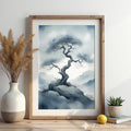 Misty Bonsai Tree Wall Art – Minimal Zen Landscape Print, Japandi Neutral Canvas or Printable for Living Room