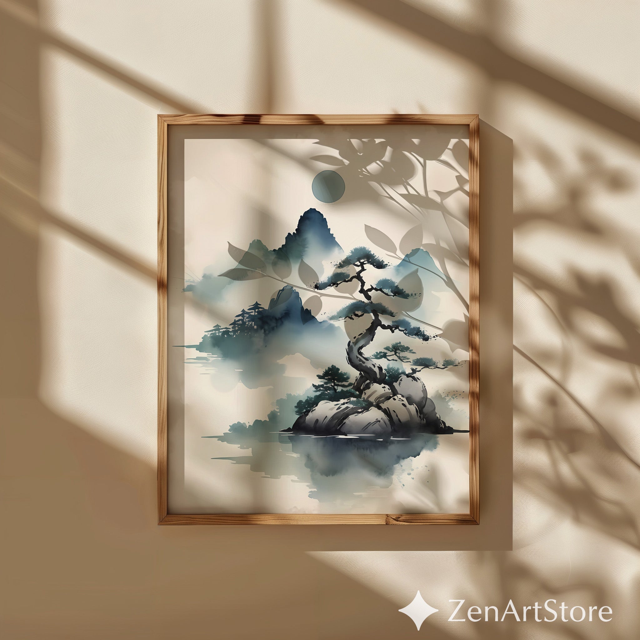 Zen Ink Landscape Print - Misty Mountain Bonsai Art, Minimal Japandi Wall Decor for Neutral Modern Homes