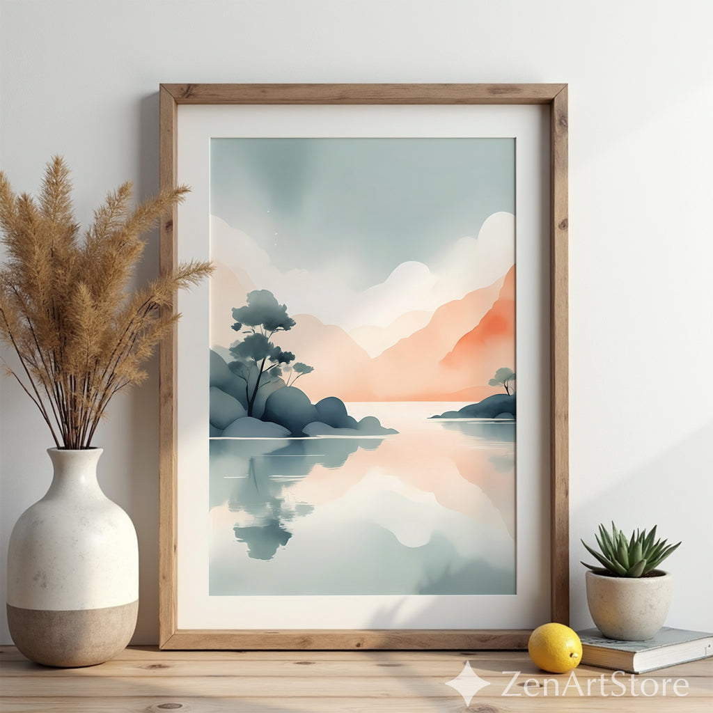 Zen Japandi Pastel Landscape Print - Minimal Mountain Lake Wall Art, Calm Abstract Reflection, Neutral Home Decor Printable