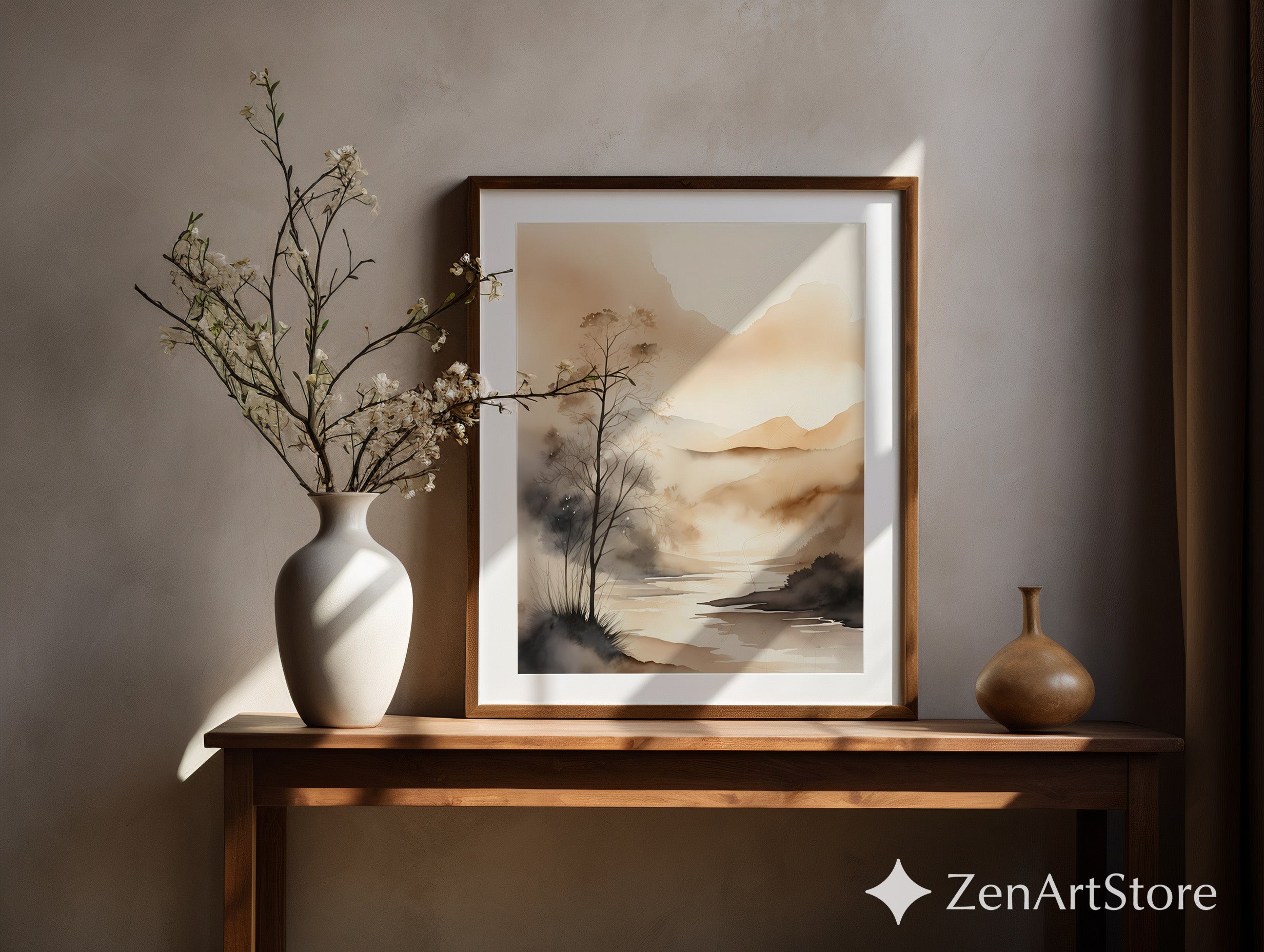 Neutral Watercolor Landscape Print - Minimal Japandi Mountain River Wall Art Calm Beige Wabi Sabi Home Decor