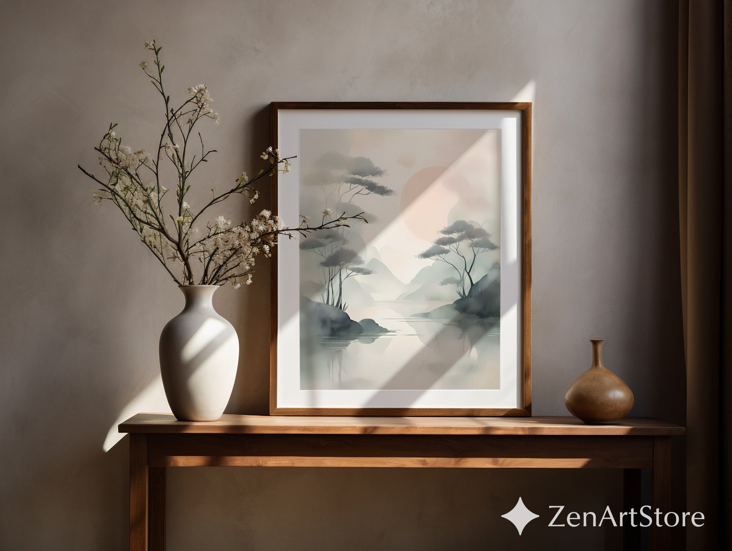 Misty Zen Landscape Print - Minimal Japandi Wall Art with Blush Sun and Tree Reflections - Wabi Sabi Neutral Home Decor